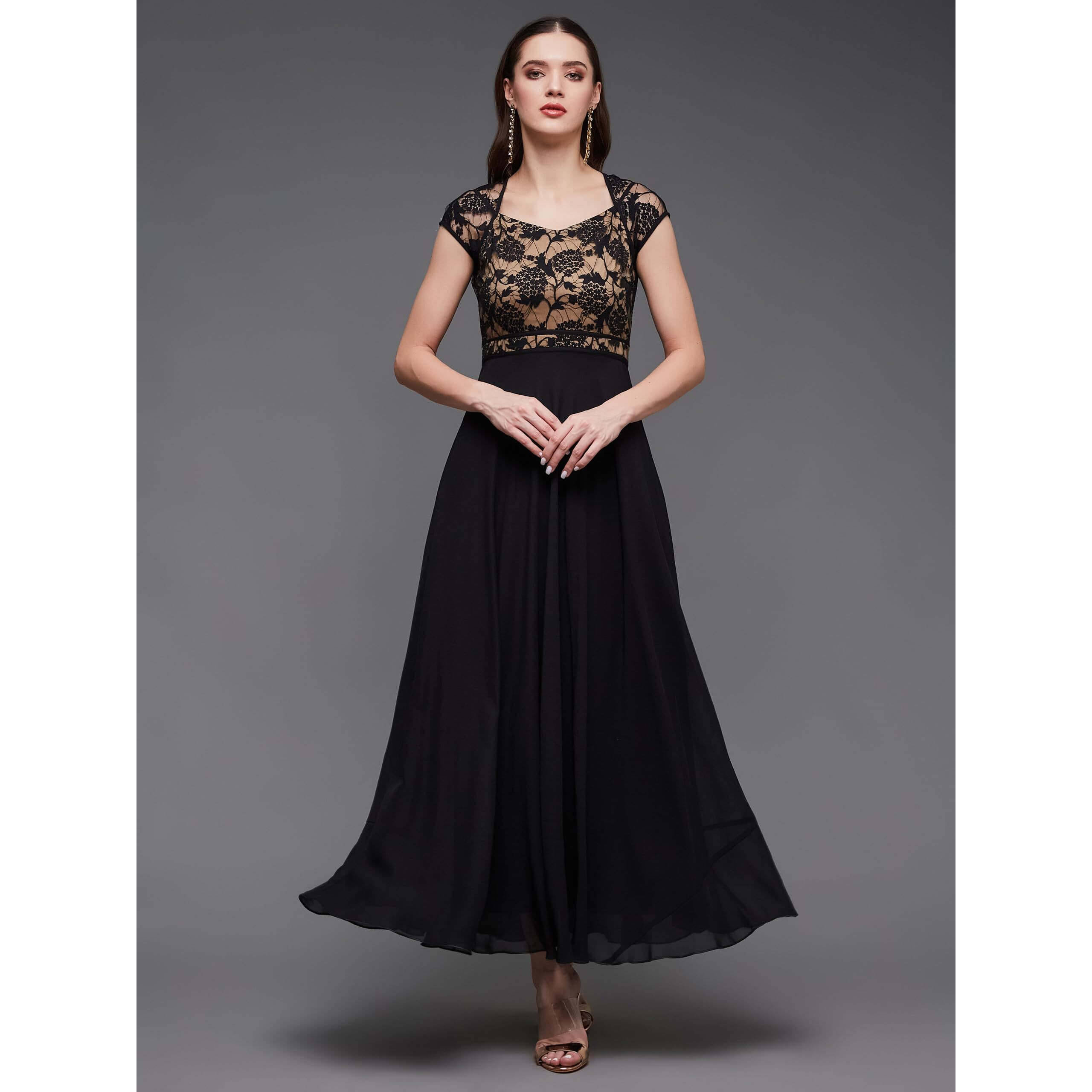 Miss Chase Women' Floral V - Neck Cap Short Sleeves Lace Overlaid Fit & Flare With Pockets Paneled Maxi Dress (Mcss21D06-11-62-04, Black, M)
