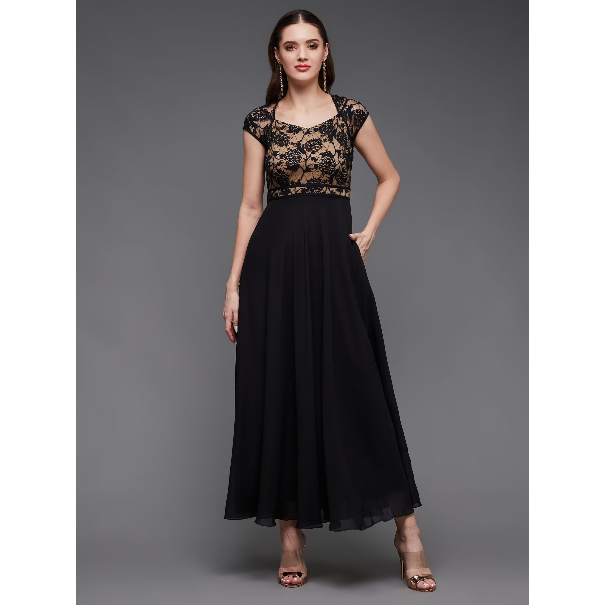 Miss Chase Women' Floral V - Neck Cap Short Sleeves Lace Overlaid Fit & Flare With Pockets Paneled Maxi Dress (Mcss21D06-11-62-04, Black, M)
