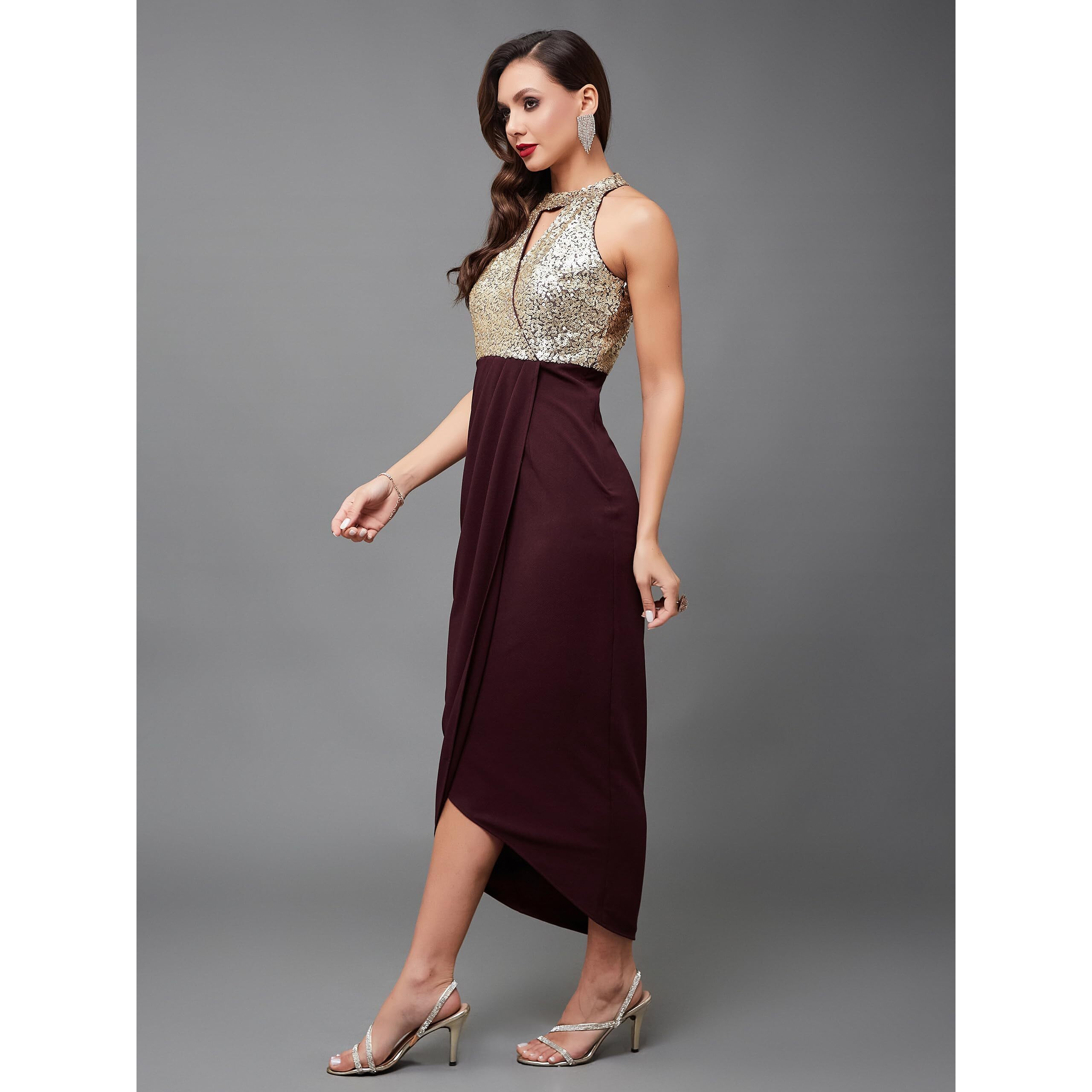 Miss Chase Women's Halter Neck Sleeveless Solid Embellished Midi Dress With Pocket (Mcss24D97-16-184-04, Wine, M)