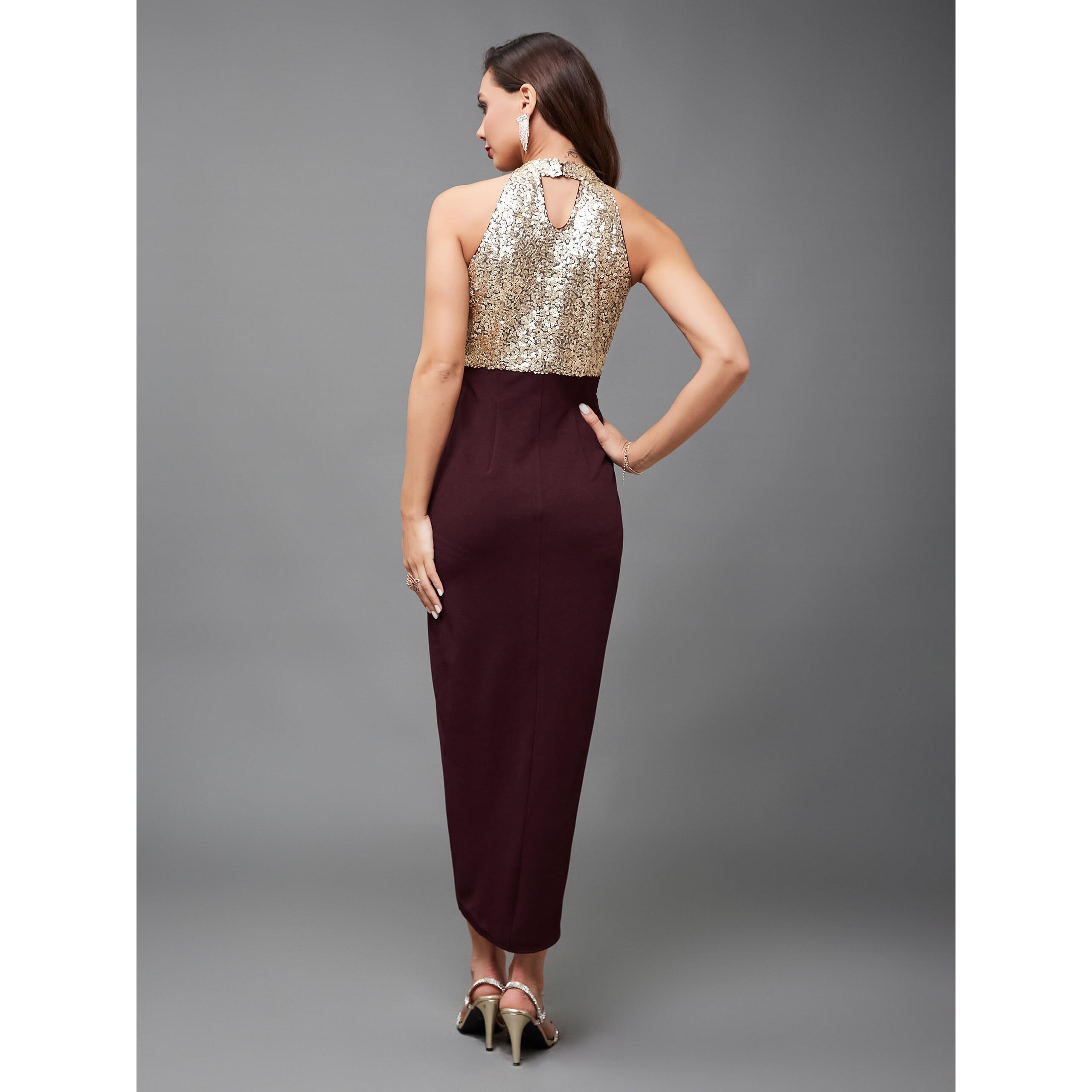Miss Chase Women's Halter Neck Sleeveless Solid Embellished Midi Dress With Pocket (Mcss24D97-16-184-04, Wine, M)