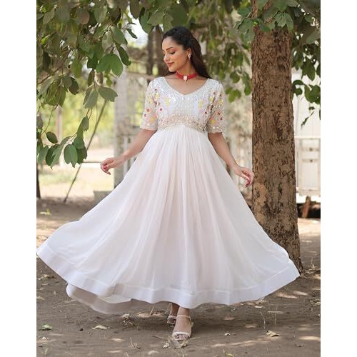 Fashion Basket Women's Georgette Anarkali Gown White