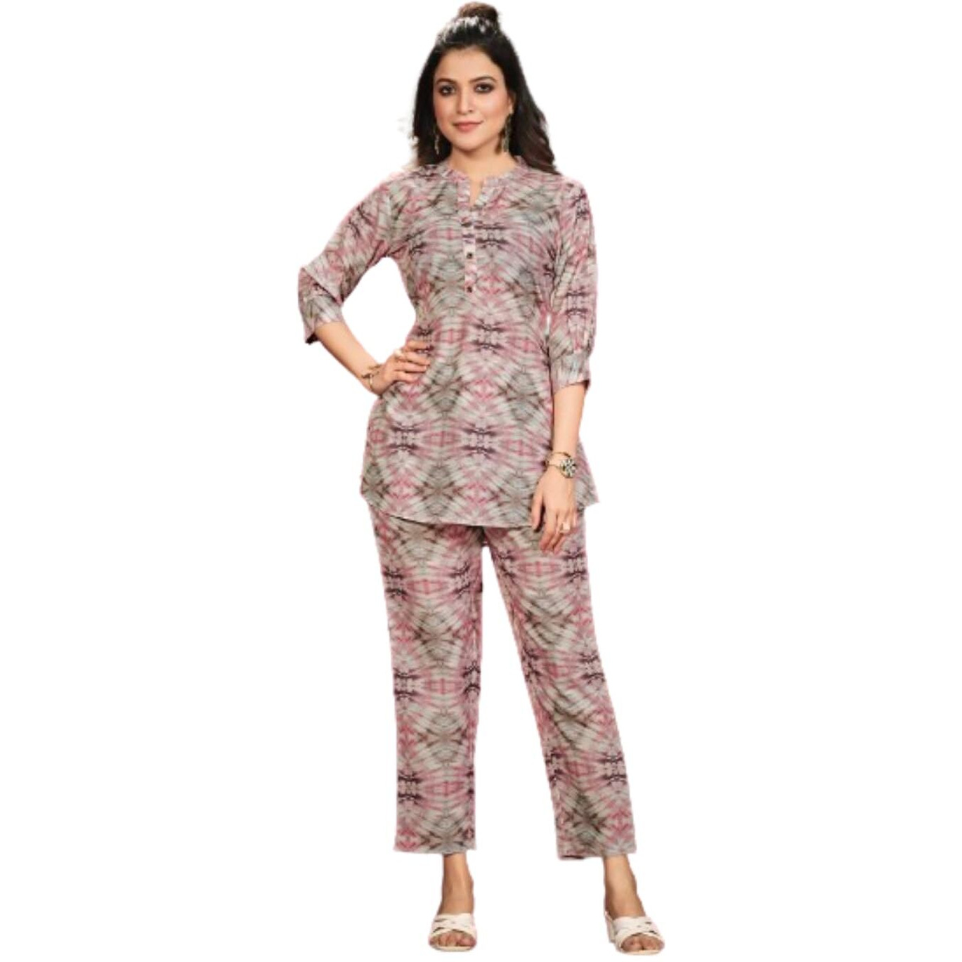 Nainvish Women's Polyester Printed Straight V-Neck Co-Ord Top & Pant Set (Sd596_Kb-S_Grey Pink)