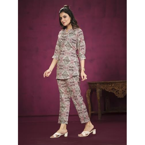 Nainvish Women's Polyester Printed Straight V-Neck Co-Ord Top & Pant Set (Sd596_Kb-S_Grey Pink)