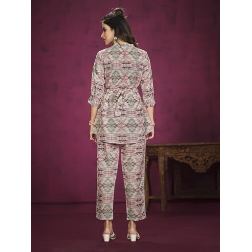 Nainvish Women's Polyester Printed Straight V-Neck Co-Ord Top & Pant Set (Sd596_Kb-S_Grey Pink)
