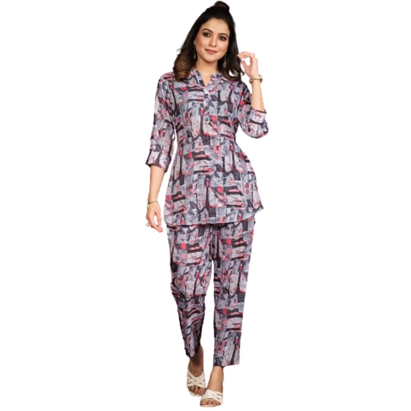 Nainvish Women's Polyester Printed Straight V-Neck Co-Ord Top & Pant Set (Sd597_Kb-S_Pinkish Purple)