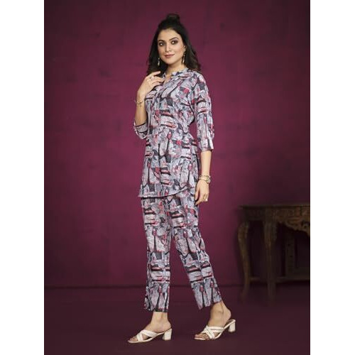 Nainvish Women's Polyester Printed Straight V-Neck Co-Ord Top & Pant Set (Sd597_Kb-S_Pinkish Purple)
