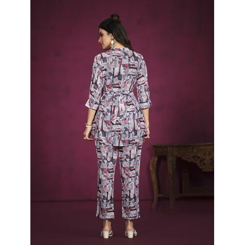 Nainvish Women's Polyester Printed Straight V-Neck Co-Ord Top & Pant Set (Sd597_Kb-S_Pinkish Purple)