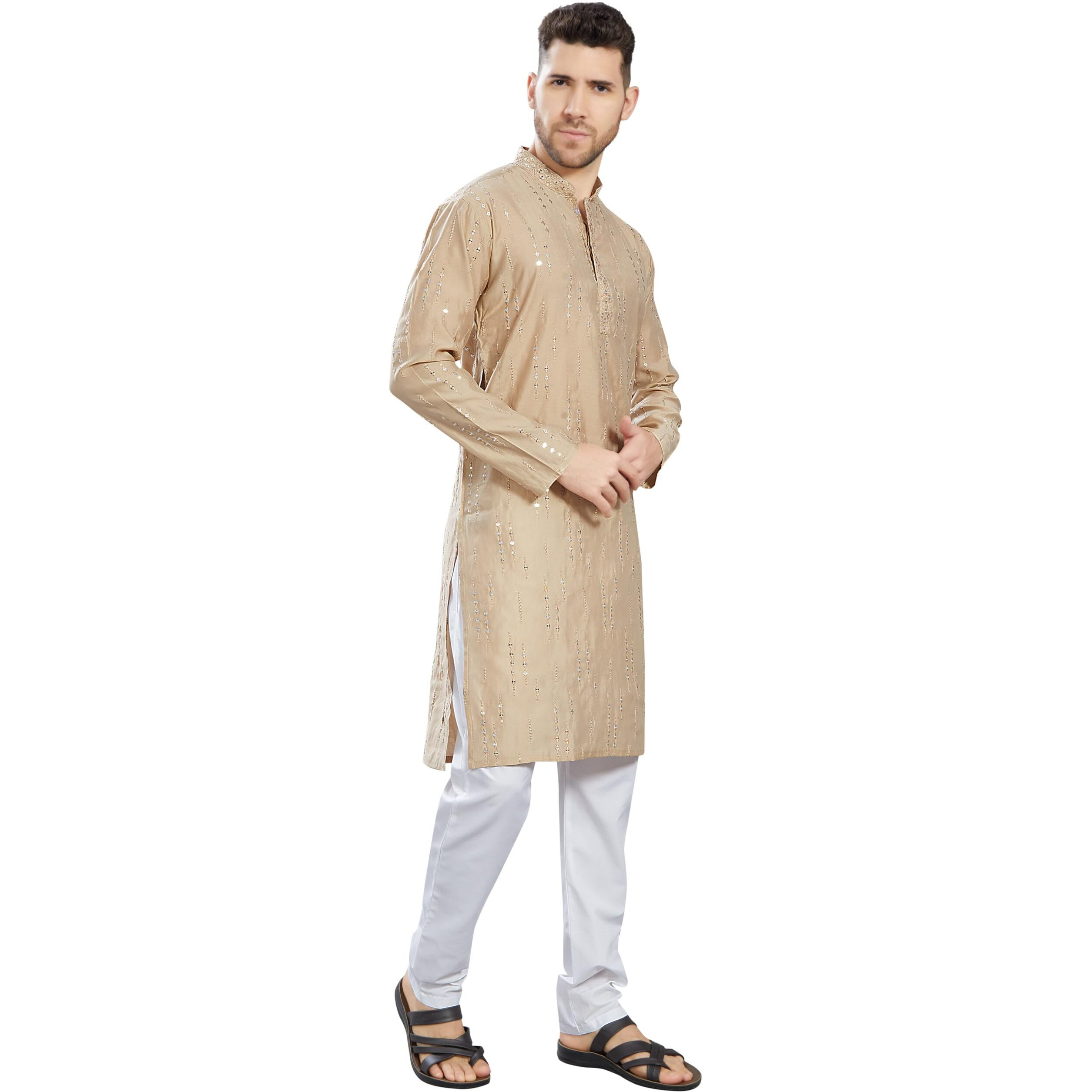 Divisive Men's Mirror Embroidered Silk Blend Only Slim Fit Kurta (Dkrt813_Xxl_Peach)