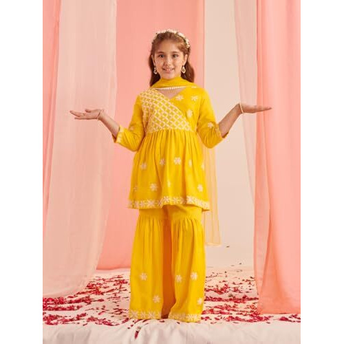 Pspeaches Girl's Cotton Rayon Sharara Set (Sha-Yellowchikankari-10-12Y_Yellow