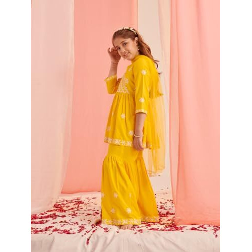 Pspeaches Girl's Cotton Rayon Sharara Set (Sha-Yellowchikankari-10-12Y_Yellow