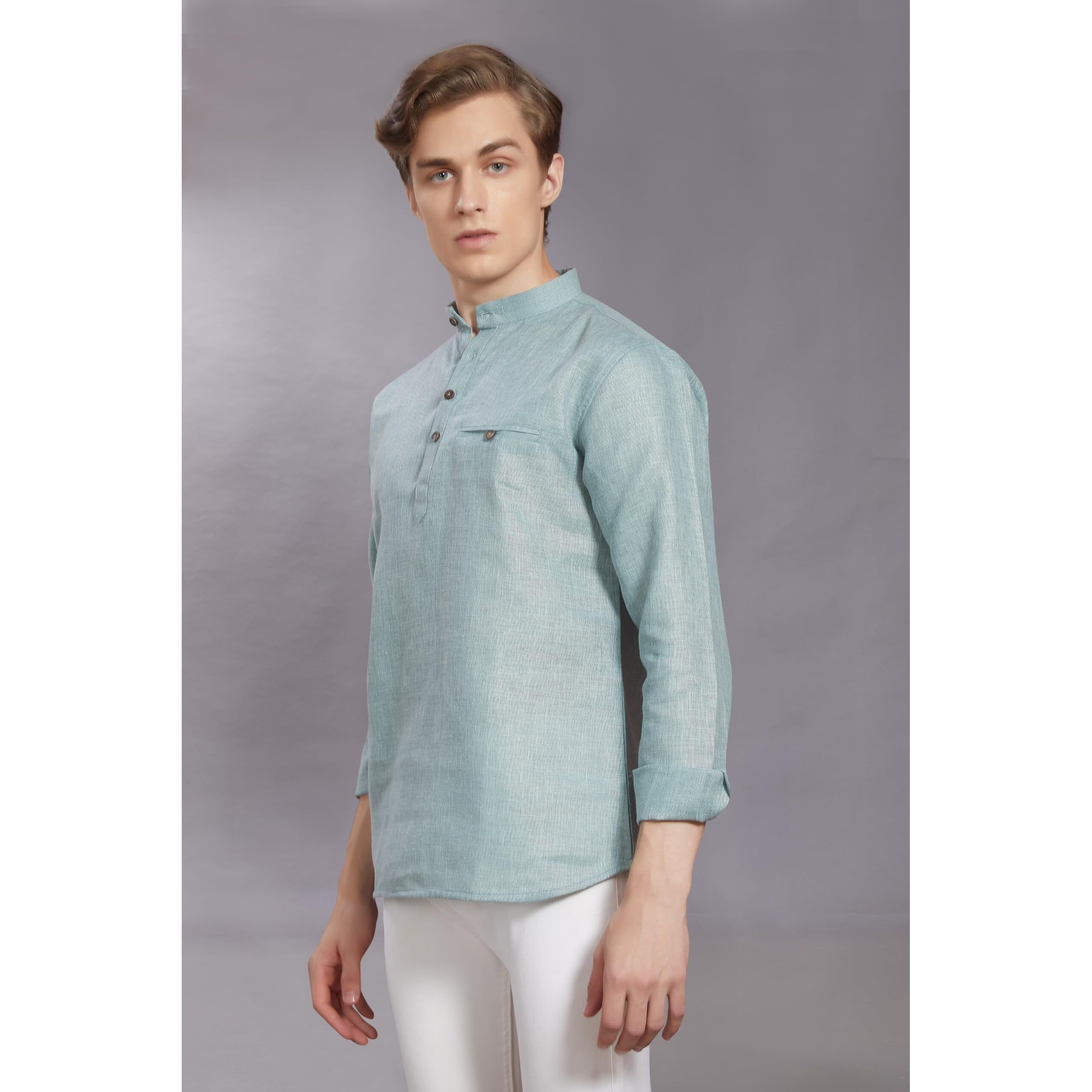 Divisive Men's Pure Cotton Linen Full Sleeves Ethnic Casual Relaxed Fit Short Kurta/Shirt (Dkrt502_M_Jade)