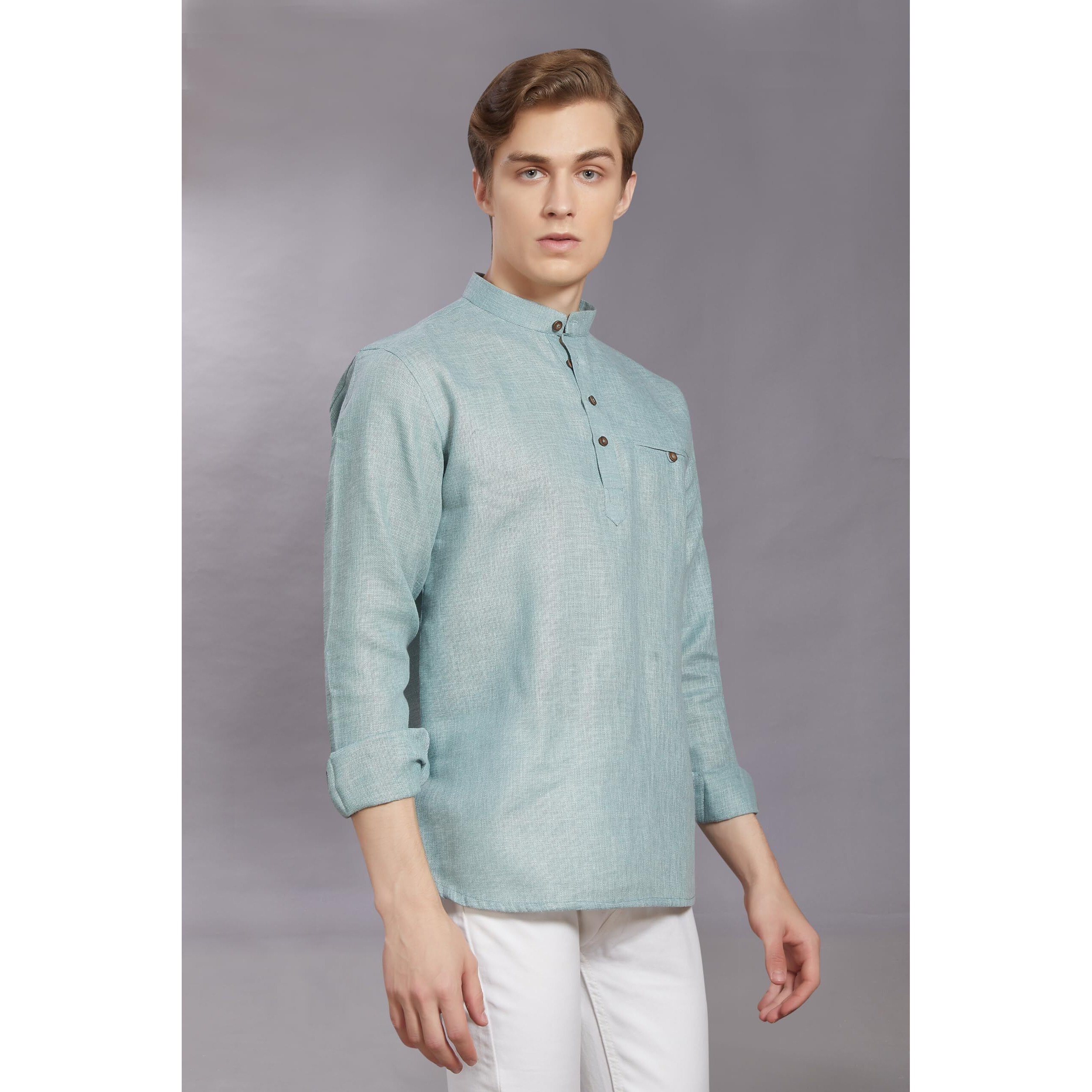 Divisive Men's Pure Cotton Linen Full Sleeves Ethnic Casual Relaxed Fit Short Kurta/Shirt (Dkrt502_M_Jade)