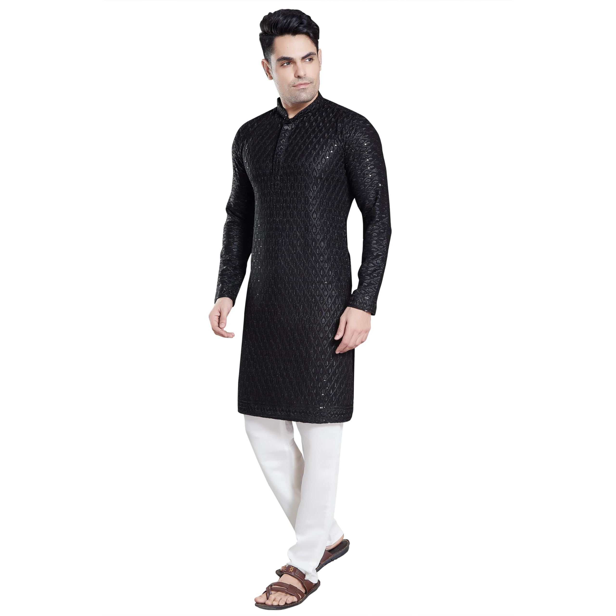 Divisive Men's Sequince Embroidered Cotton Blend Only Slim Fit Kurta (Dkrt113_Xl_Black)