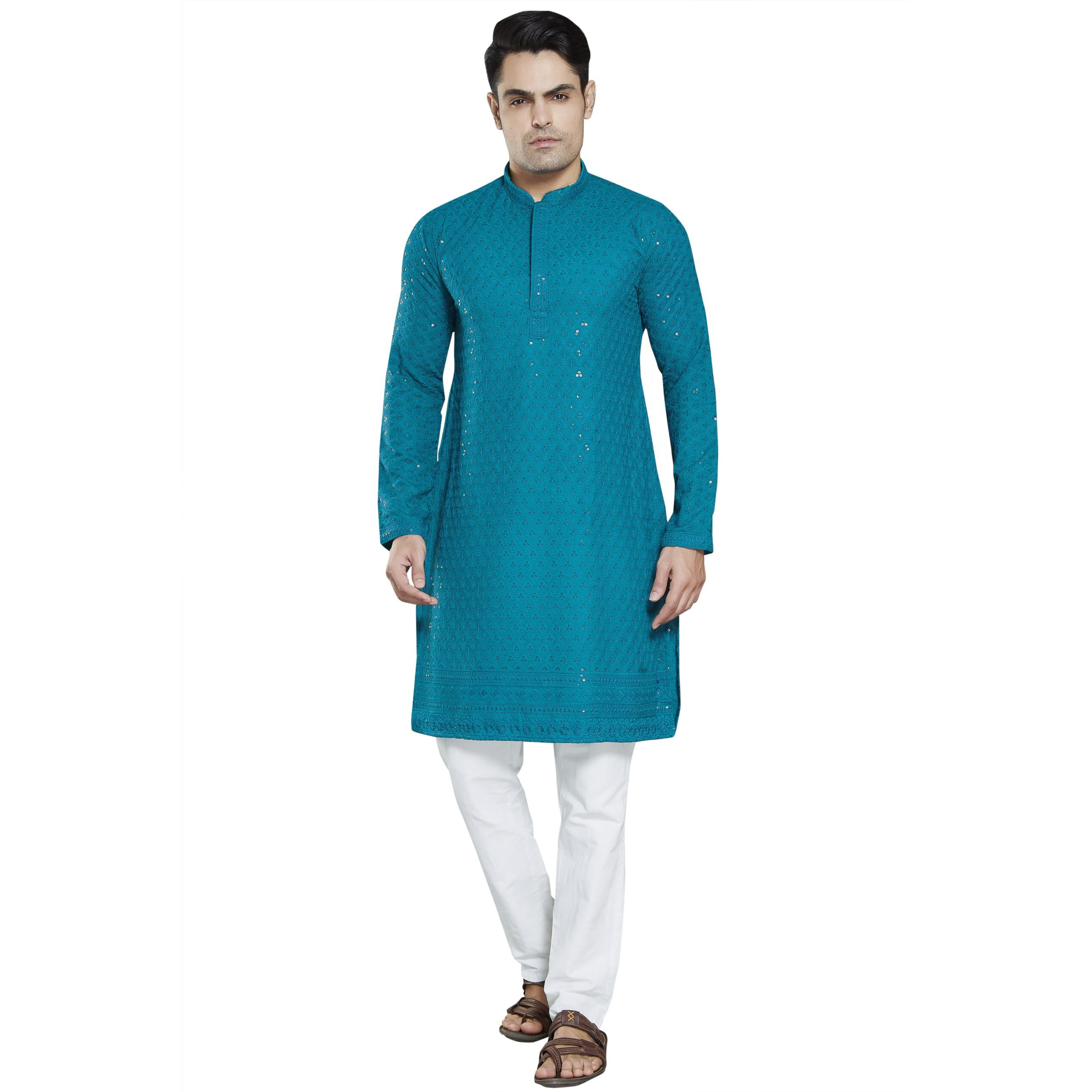Divisive Men's Sequince Embroidered Cotton Blend Slim Fit Kurta Pyjama Set (Dkrt27_Xxl_Turquoise)