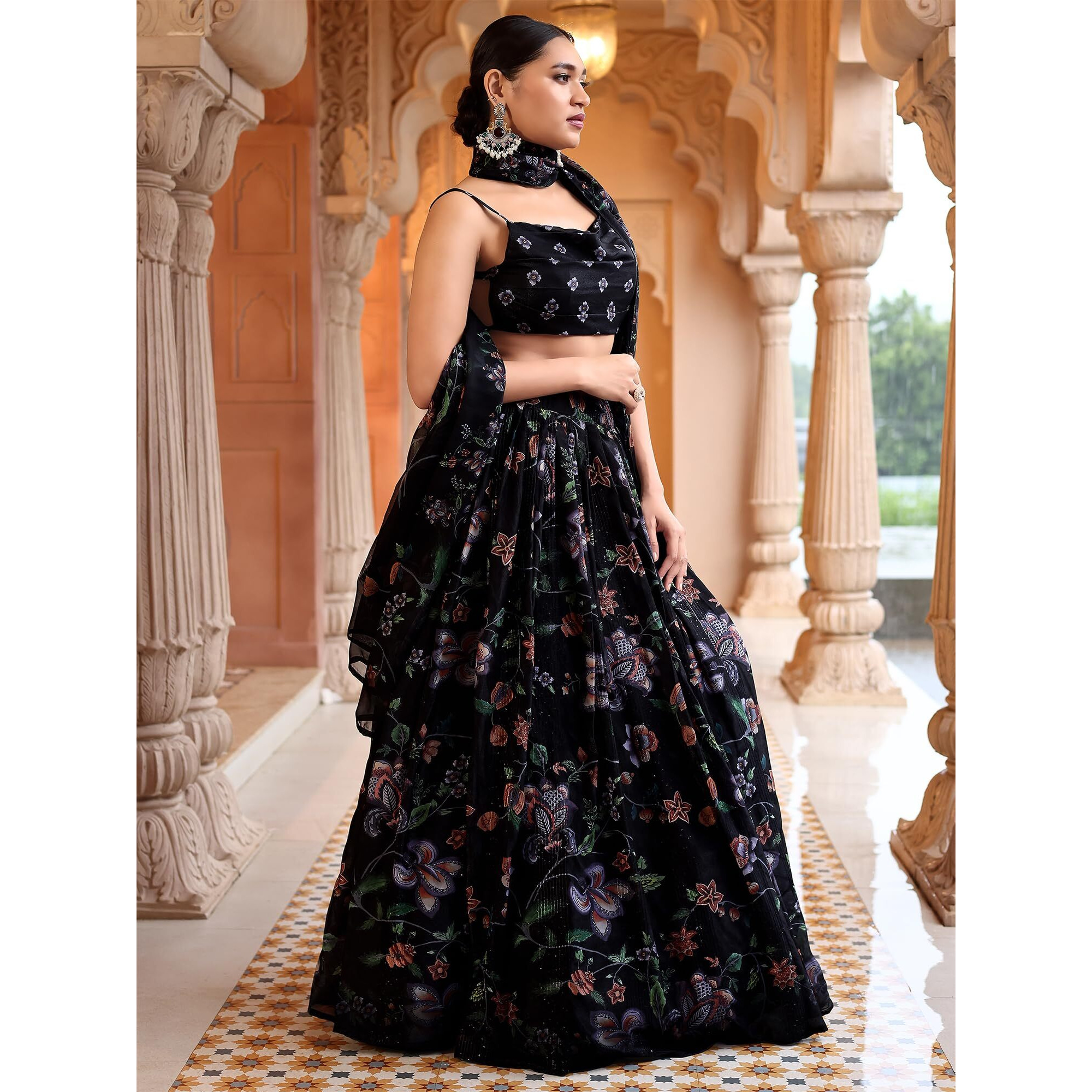 Purvaja Women Georgette Semi-Stitched Lehenga Choli Set (Viana-Black Free Size)