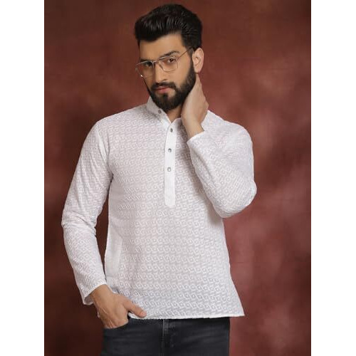 Sojanya Ethnic Motifs Chikankari Embroidered White Pure Cotton Short Kurta