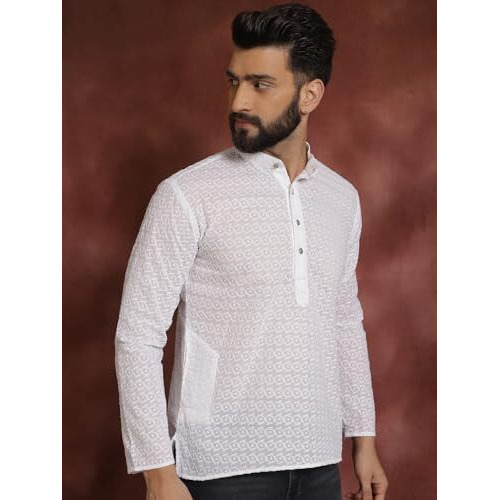 Sojanya Ethnic Motifs Chikankari Embroidered White Pure Cotton Short Kurta