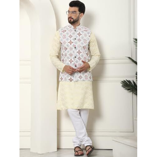Sojanya (Since 1958 Men's Cotton Foil Printed Yellow Kurta And White Pyjama With Printed Cream Nehru Jacket