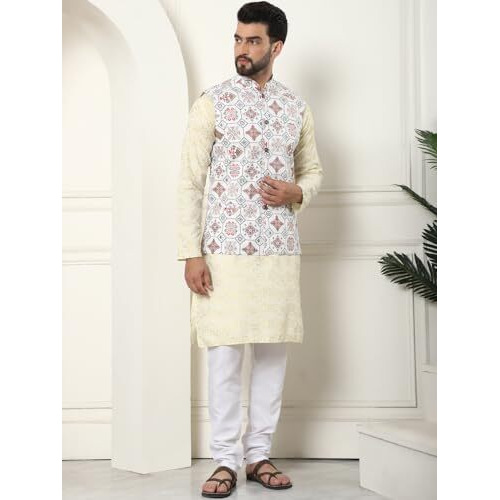 Sojanya (Since 1958 Men's Cotton Foil Printed Yellow Kurta And White Pyjama With Printed Cream Nehru Jacket