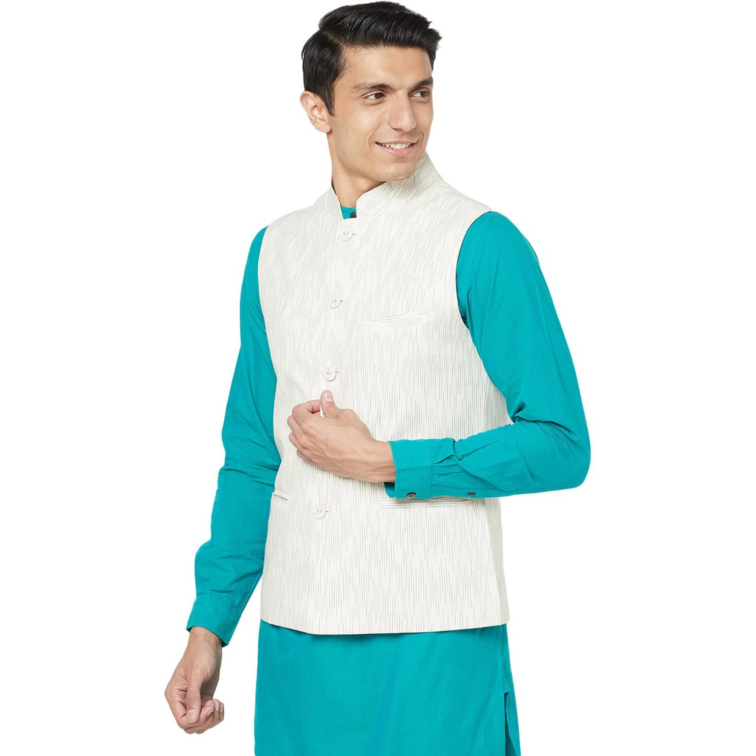 Fabindia Men Ikat Nehru Jacket Cotton_Xs