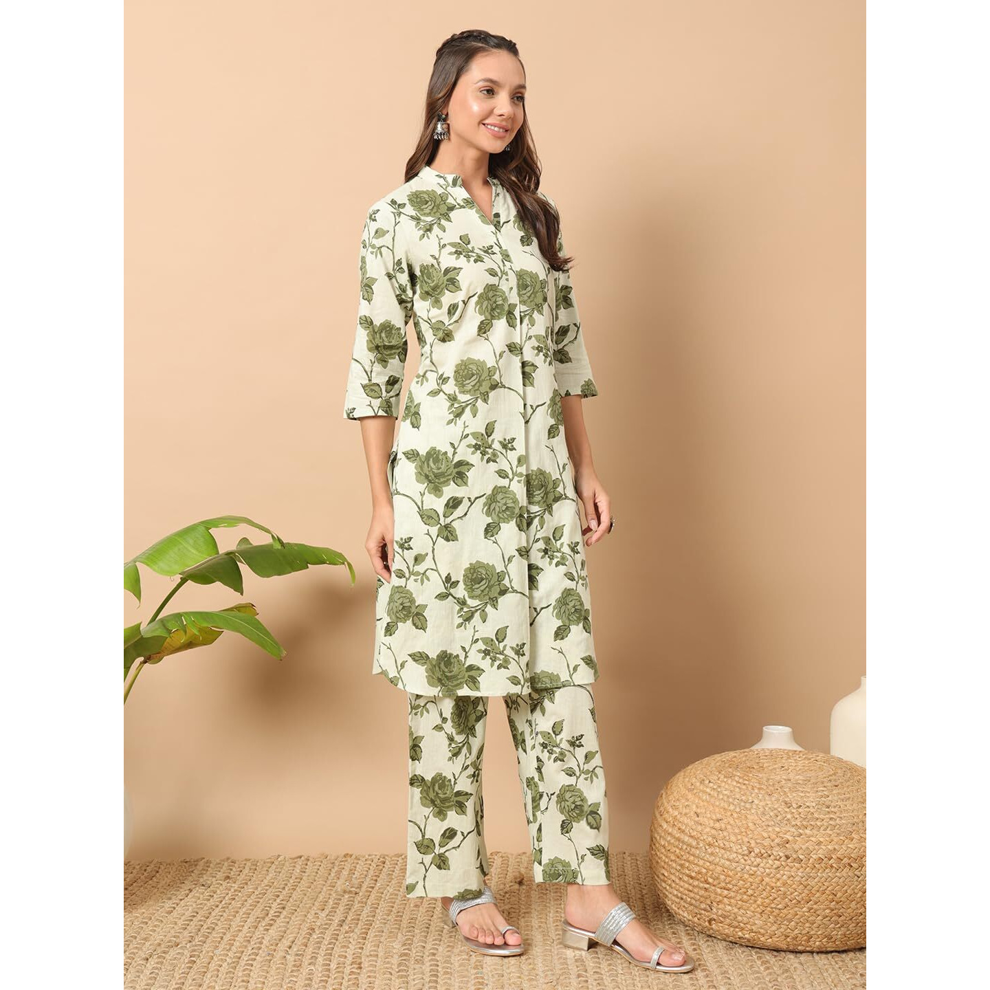 Fiorra Women's Pista Green Cotton Straight Kurta With Pant Co-Ord Set Set0138