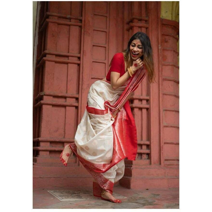 Flosive Women's Birch Off-White And Red Zari Woven Kanjivaram Saree With Blouse