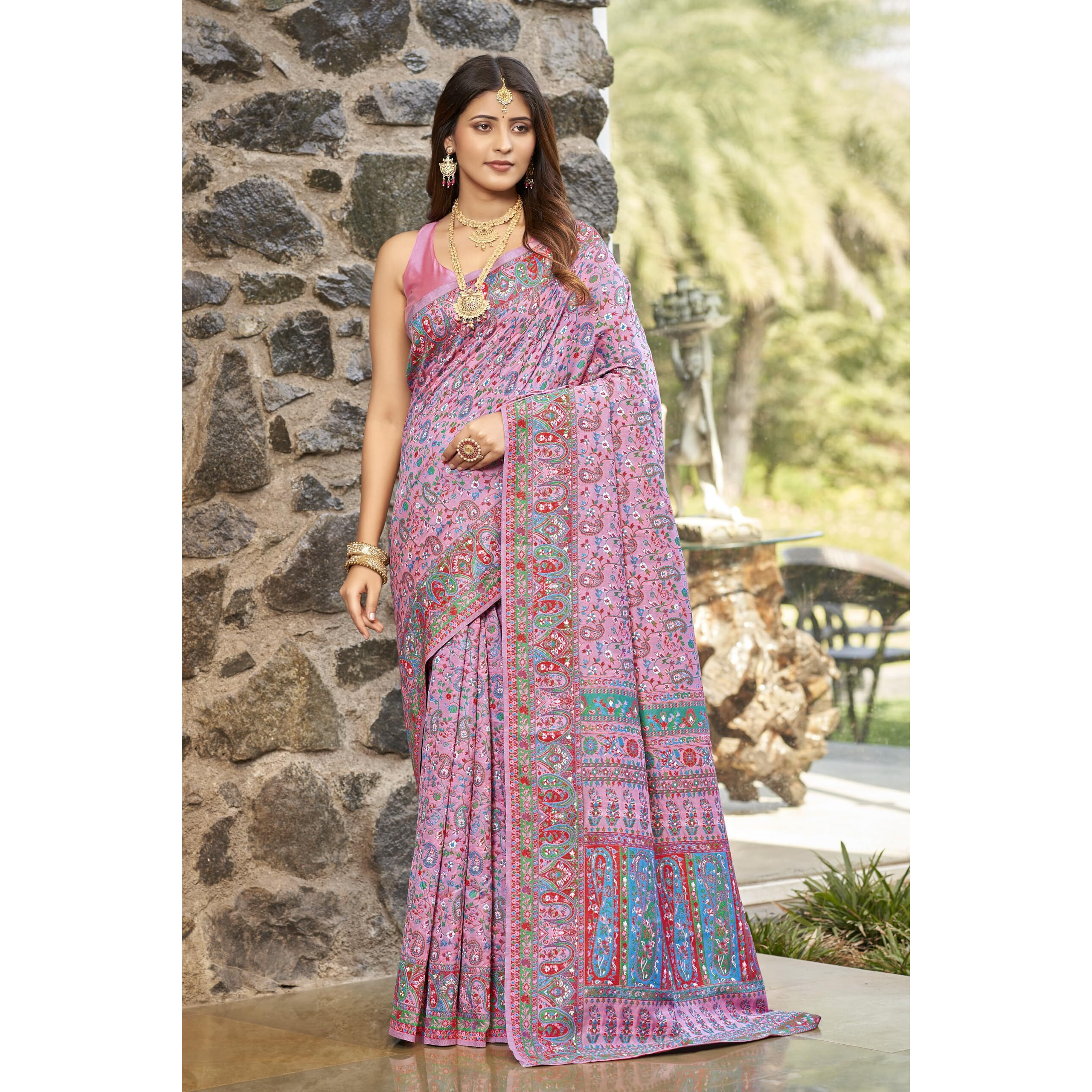 Glory Sarees Women's Kashmiri Pashmina Silk Woven Saree With Blouse Piece (Heritage_Silk110_Pink)