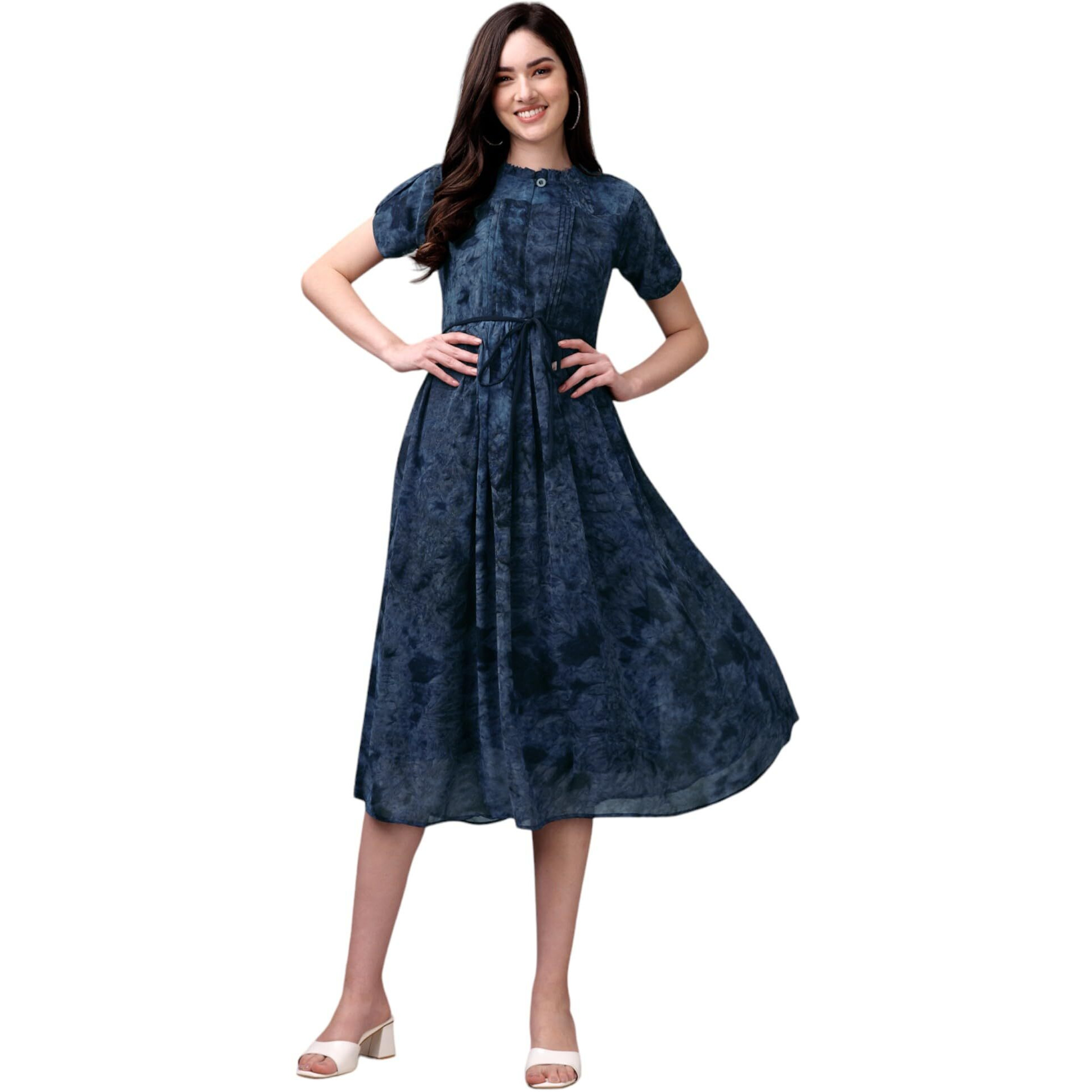 Gufrina Women's Georgette Midi Dress With Short Sleeves Abstract Printed High Round Neck Knee Length Regular Fit And A Line Style Blue