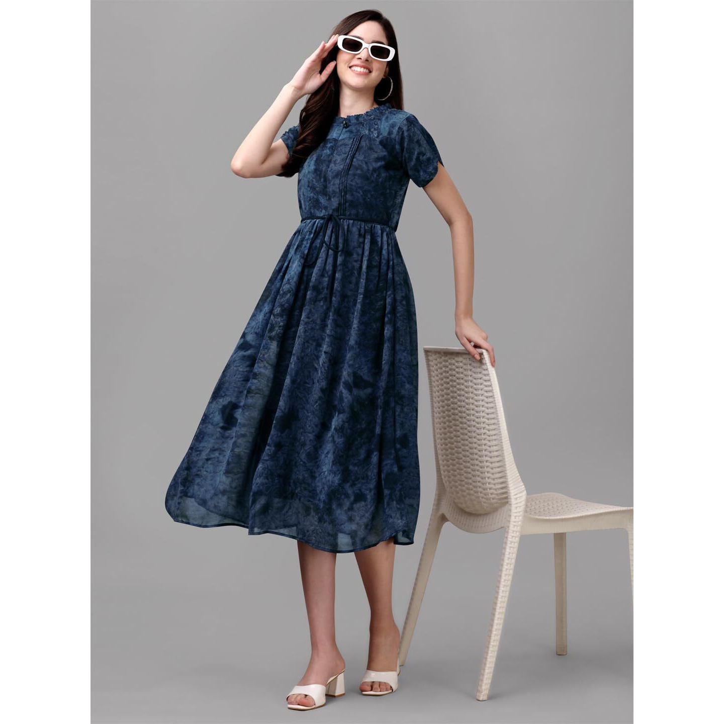 Gufrina Women's Georgette Midi Dress With Short Sleeves Abstract Printed High Round Neck Knee Length Regular Fit And A Line Style Blue