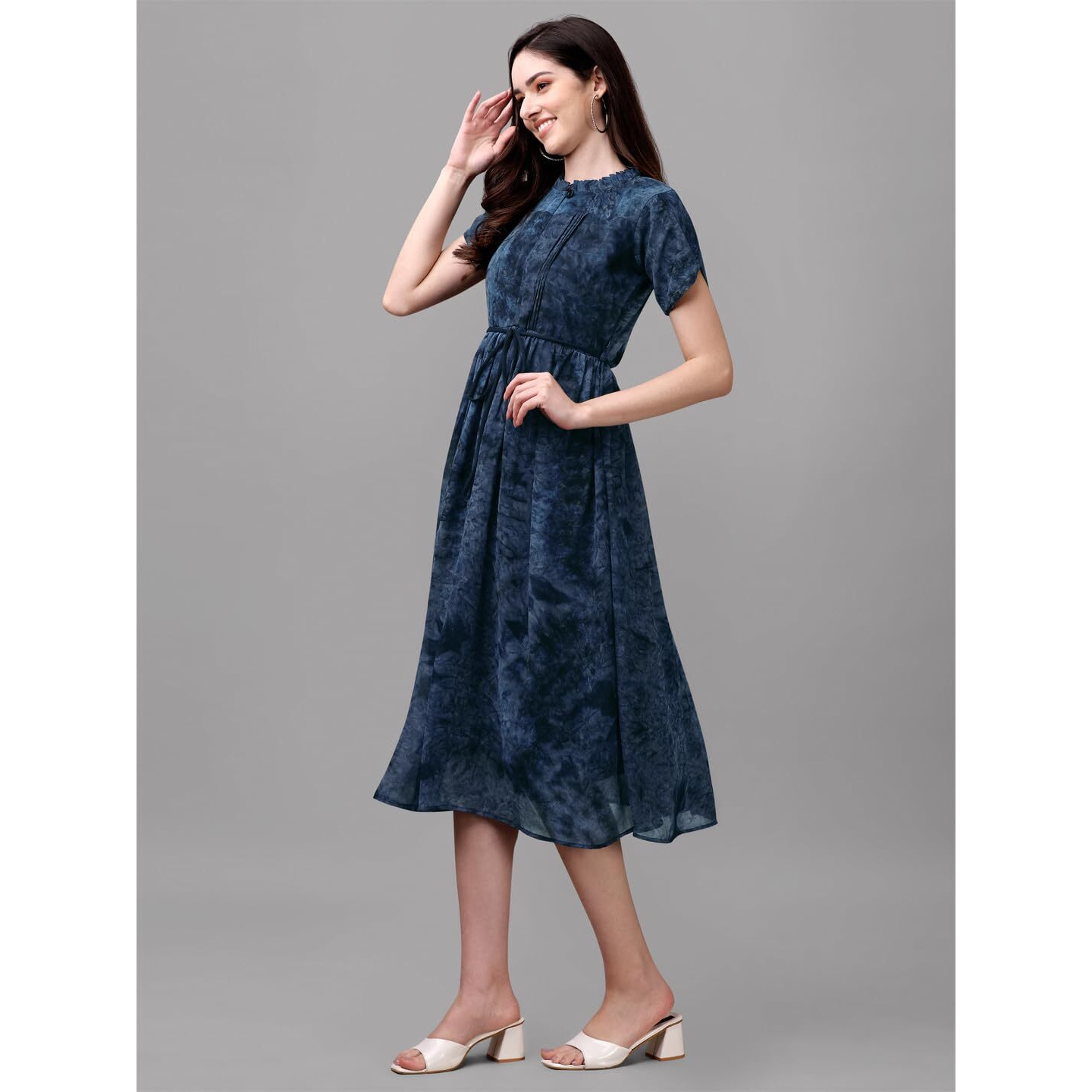 Gufrina Women's Georgette Midi Dress With Short Sleeves Abstract Printed High Round Neck Knee Length Regular Fit And A Line Style Blue