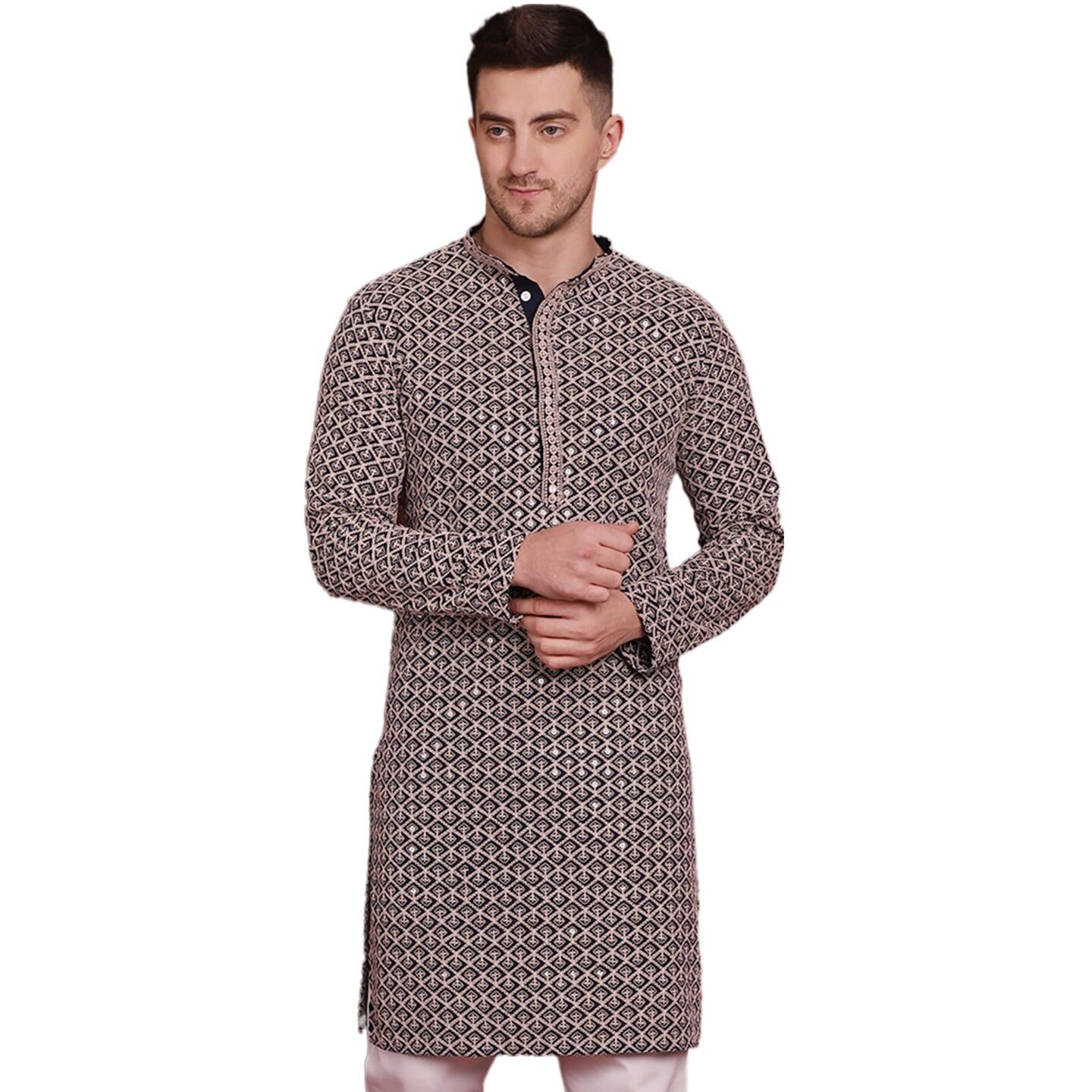 Jompers Men's Navy Sequin Embroidered Pure Cotton Kurtas (Navy, S)