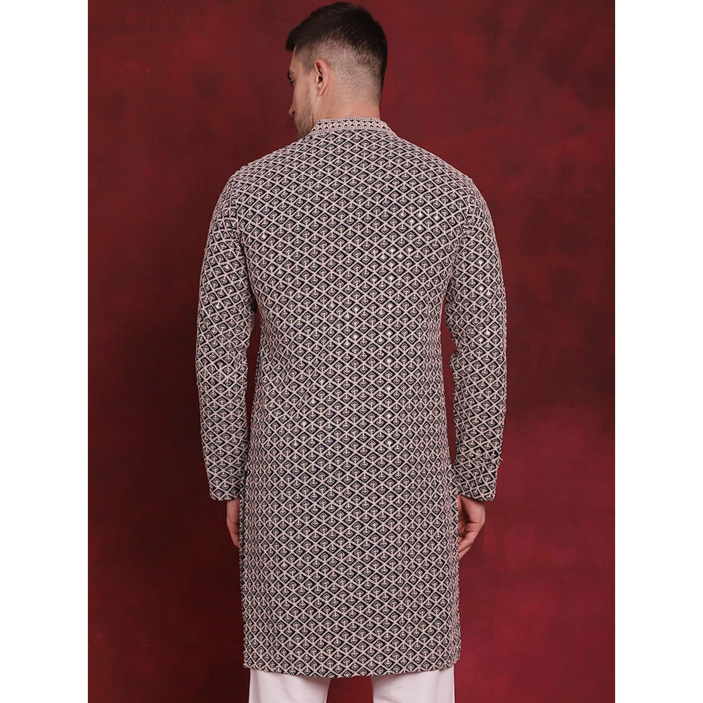 Jompers Men's Navy Sequin Embroidered Pure Cotton Kurtas (Navy, S)