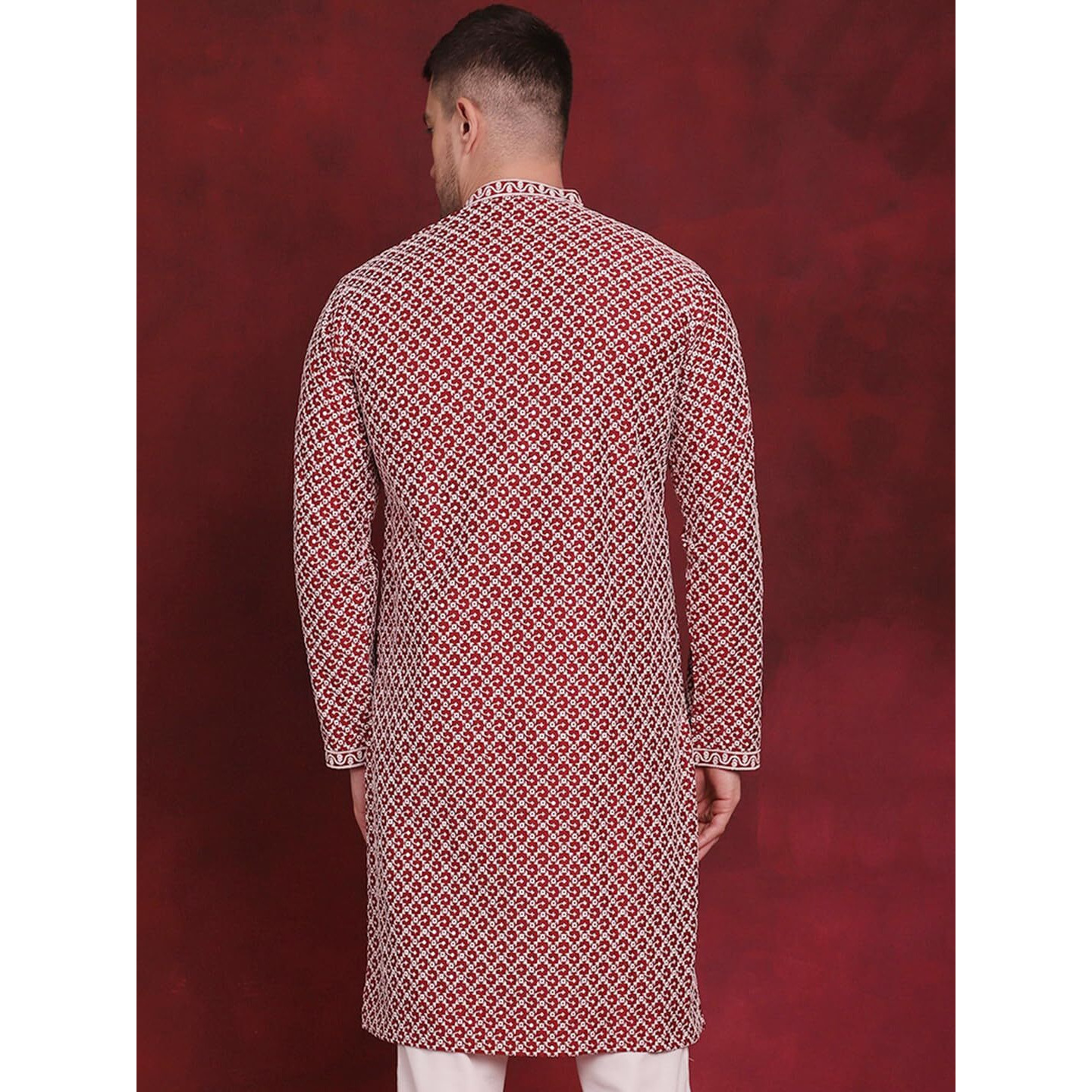 Jompers Men's Sequin Chikankari Front Open Kurtas (Maroon, L)