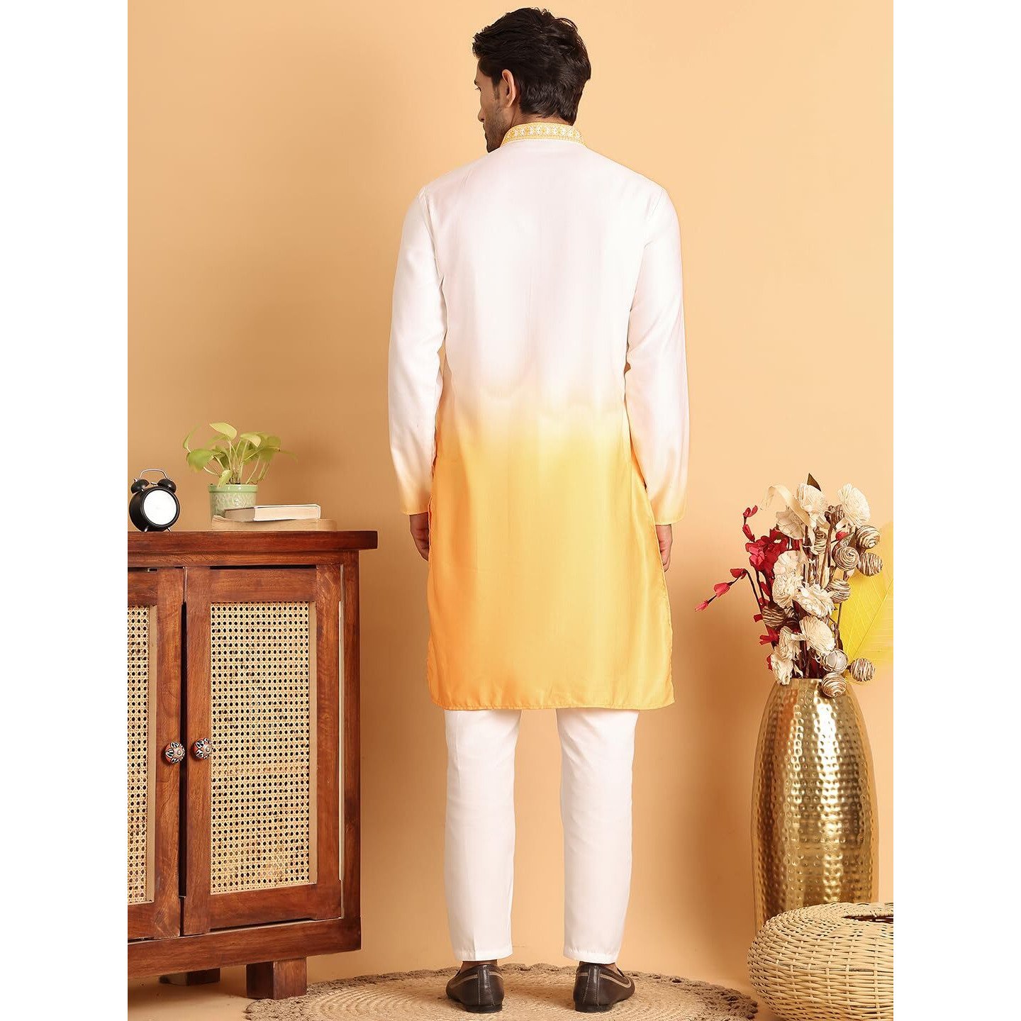 Jompers Yellow Ombre Printed Straght Kurta Pyjama For Men (Yellow, Xxl)