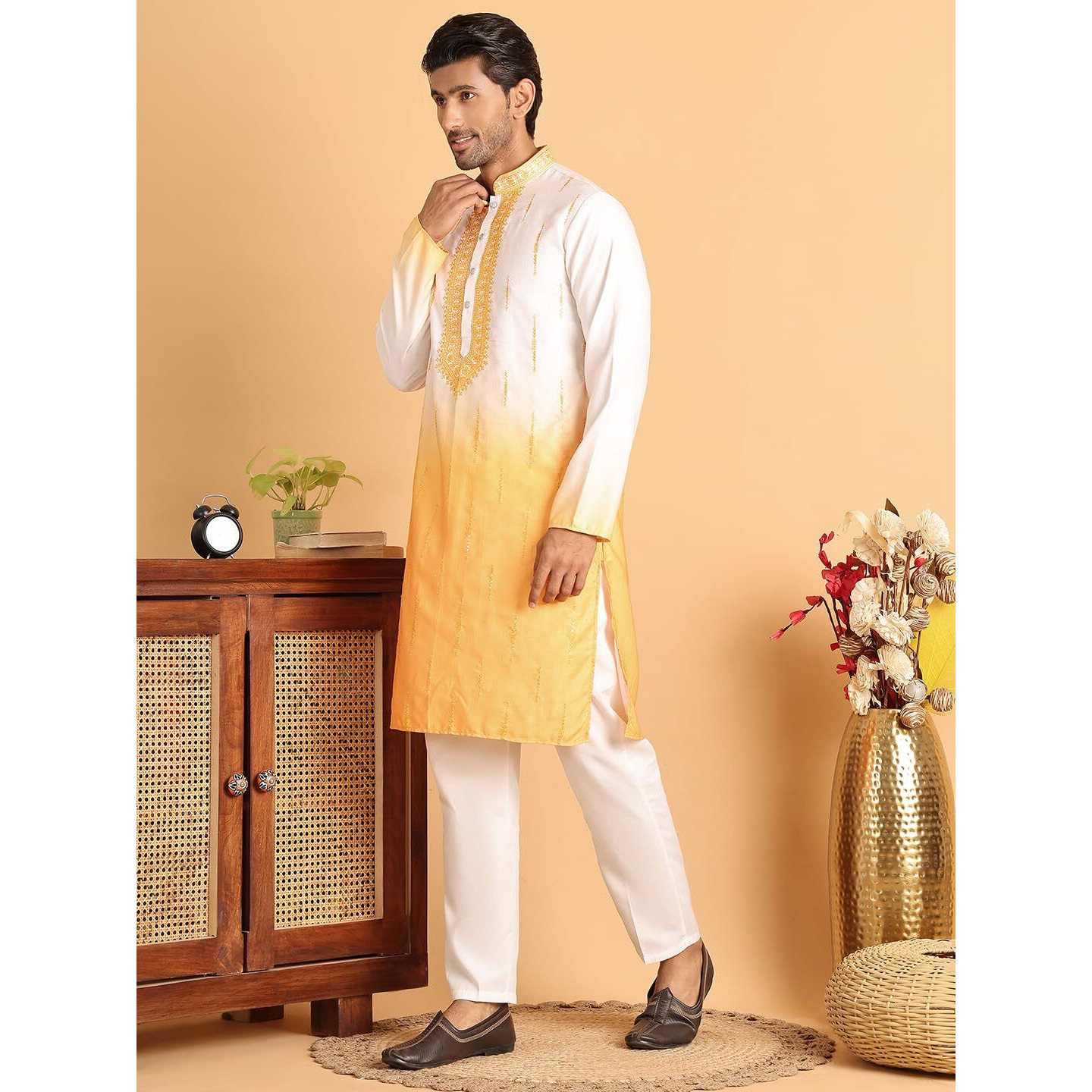 Jompers Yellow Ombre Printed Straght Kurta Pyjama For Men (Yellow, Xxl)