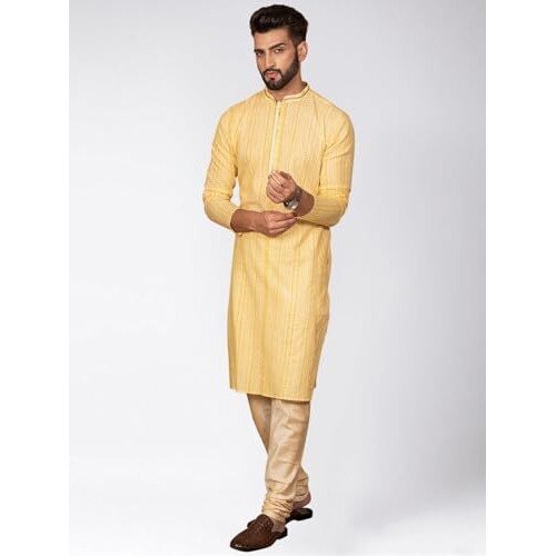 Kisah Cotton Blend Yellow Kurta For Men, Full Sleaves, Knee Length, Straight, Regular Fit, Mandarin Collar, Geometric Embroidered Mirror Work Ethnic Casual
