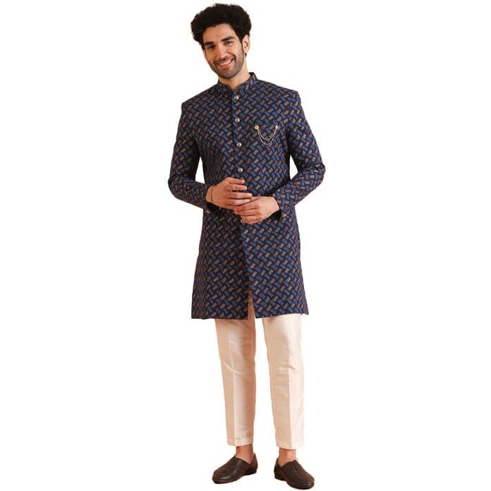 Kisah Cotton Blend Sherwani Trouser Set For Men | Mens Indo-Western Sherwani Set For Weddings And Functions Mens Ethnic Collections-Ka-7058-T301-38-Navy Blue