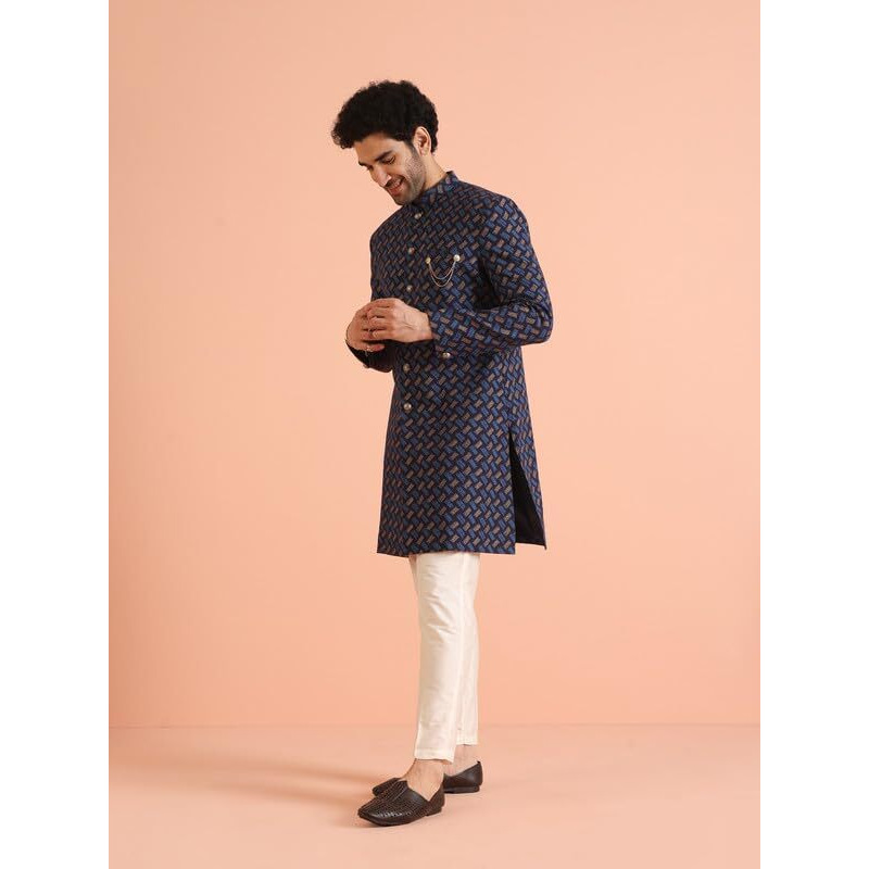 Kisah Cotton Blend Sherwani Trouser Set For Men | Mens Indo-Western Sherwani Set For Weddings And Functions Mens Ethnic Collections-Ka-7058-T301-38-Navy Blue