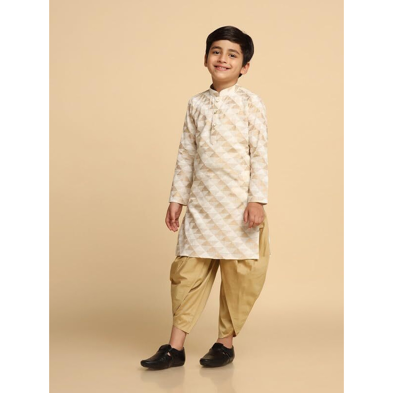 Kisah Boy's Kurta, White Cotton Blend, Abstract Long Sleeves Regular Fit Mandarin Collar|3-4 Years
