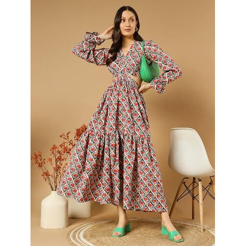 Kzully Women's Rayon A-Line Maxi Dress (Sfs_2001_Red_Kaju Katli_L_Print Floral