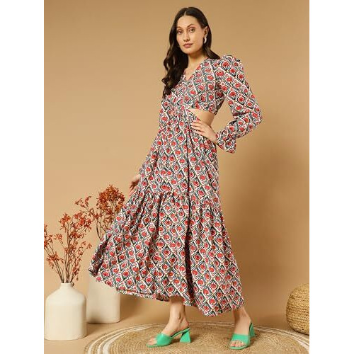 Kzully Women's Rayon A-Line Maxi Dress (Sfs_2001_Red_Kaju Katli_L_Print Floral