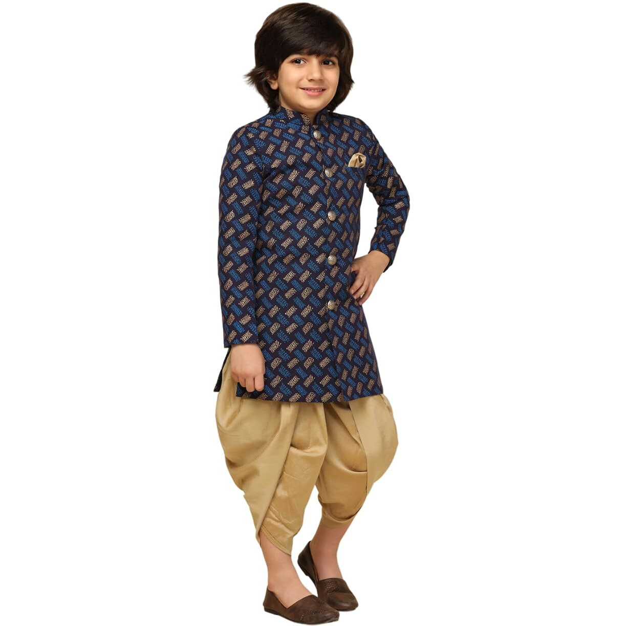 Kisah Boy's Ethnic Wear Cotton Regular Fit Blue Indo-Western Sherwani Dhoti Set (3-4Y)