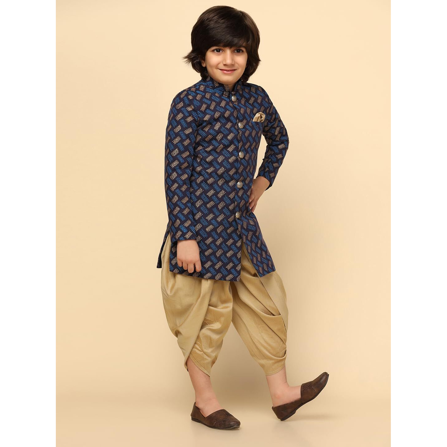 Kisah Boy's Ethnic Wear Cotton Regular Fit Blue Indo-Western Sherwani Dhoti Set (3-4Y)