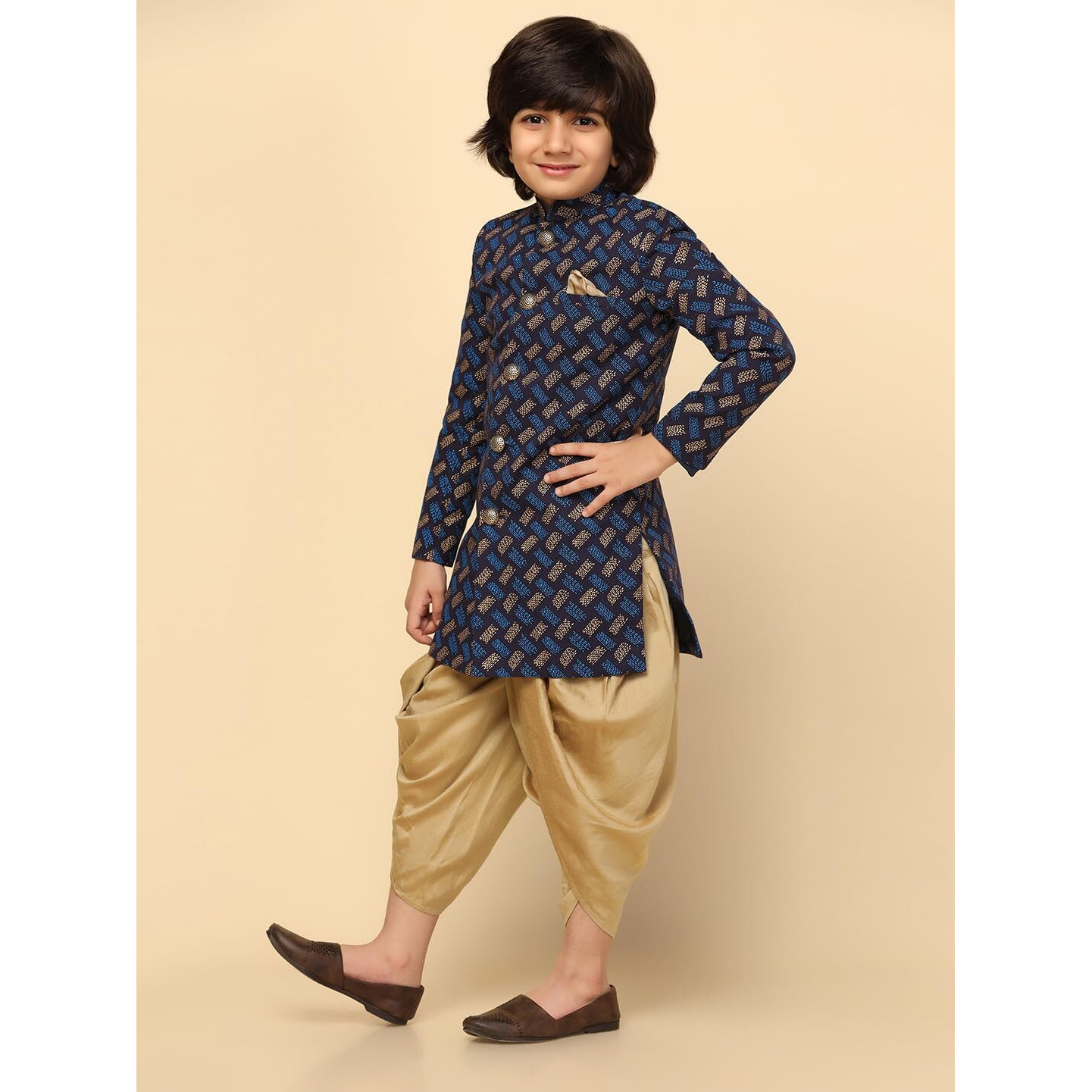 Kisah Boy's Ethnic Wear Cotton Regular Fit Blue Indo-Western Sherwani Dhoti Set (3-4Y)