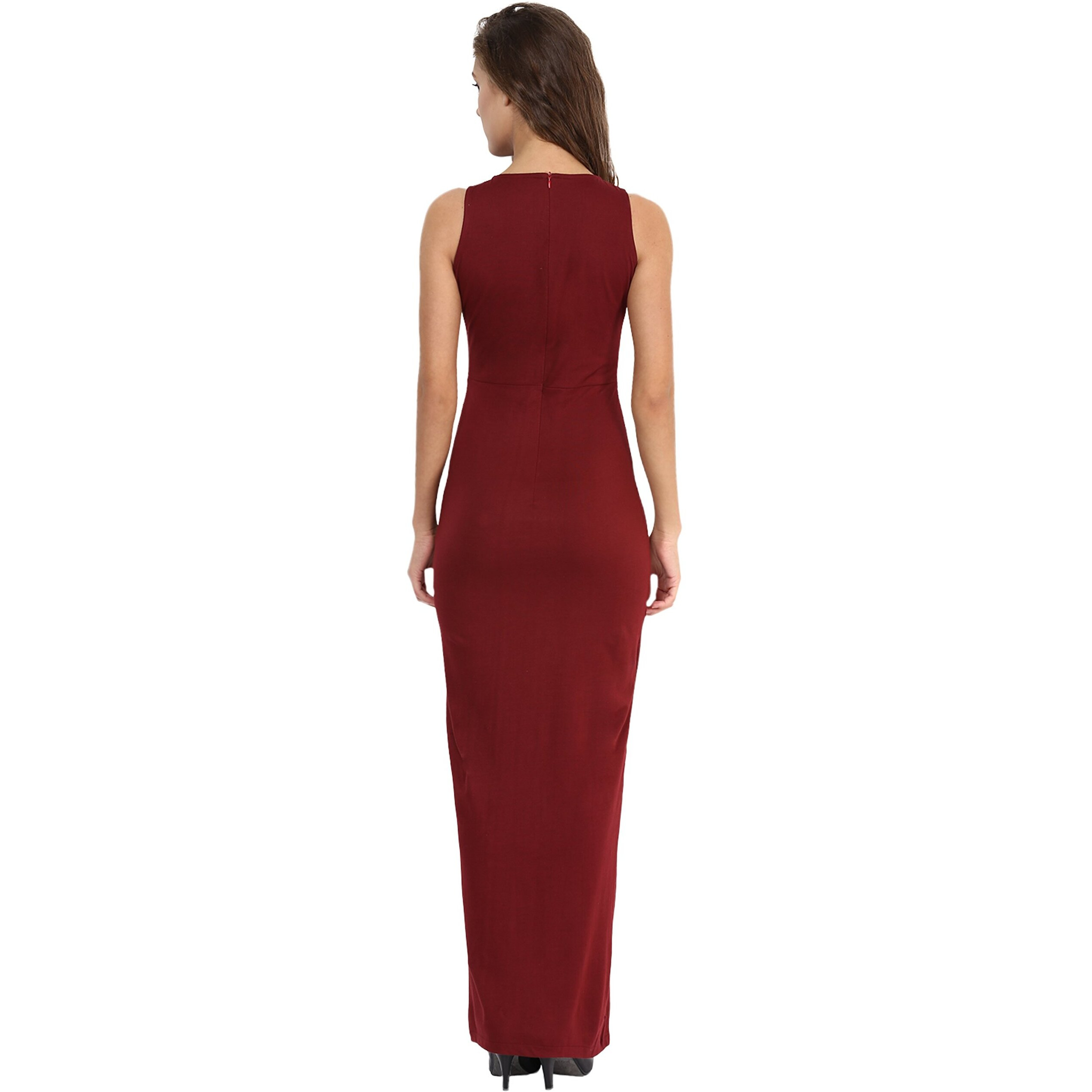 Miss Chase Women's Sleeveless Round Neck Slim Fit Long Dress With A Slit(Mcss16D05-50-64-06, Maroon, X-Large)