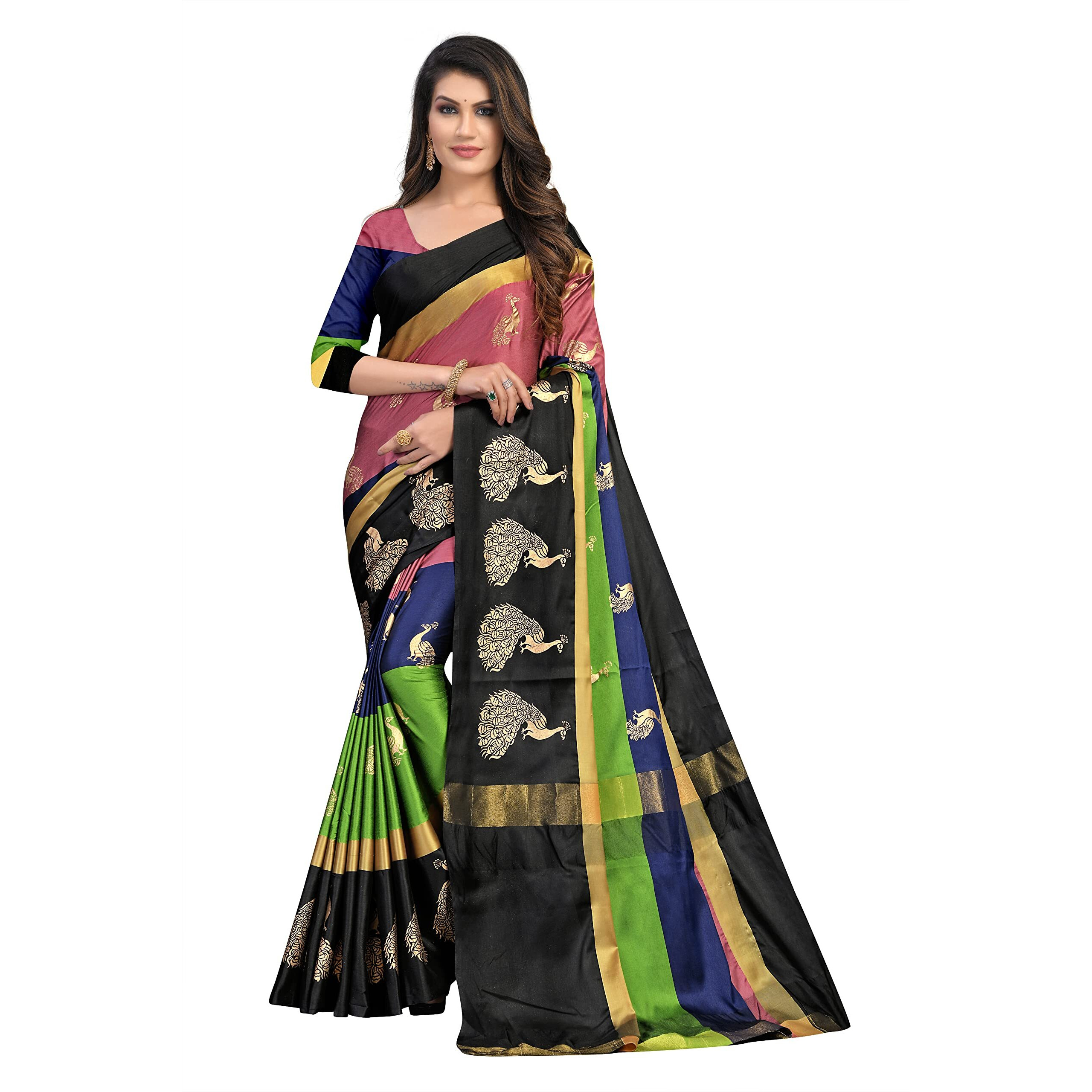 Leriya Fashion Women's Tussar Silk Foil Print Saree With Blouse Piece(Pink & Green,Free Size)