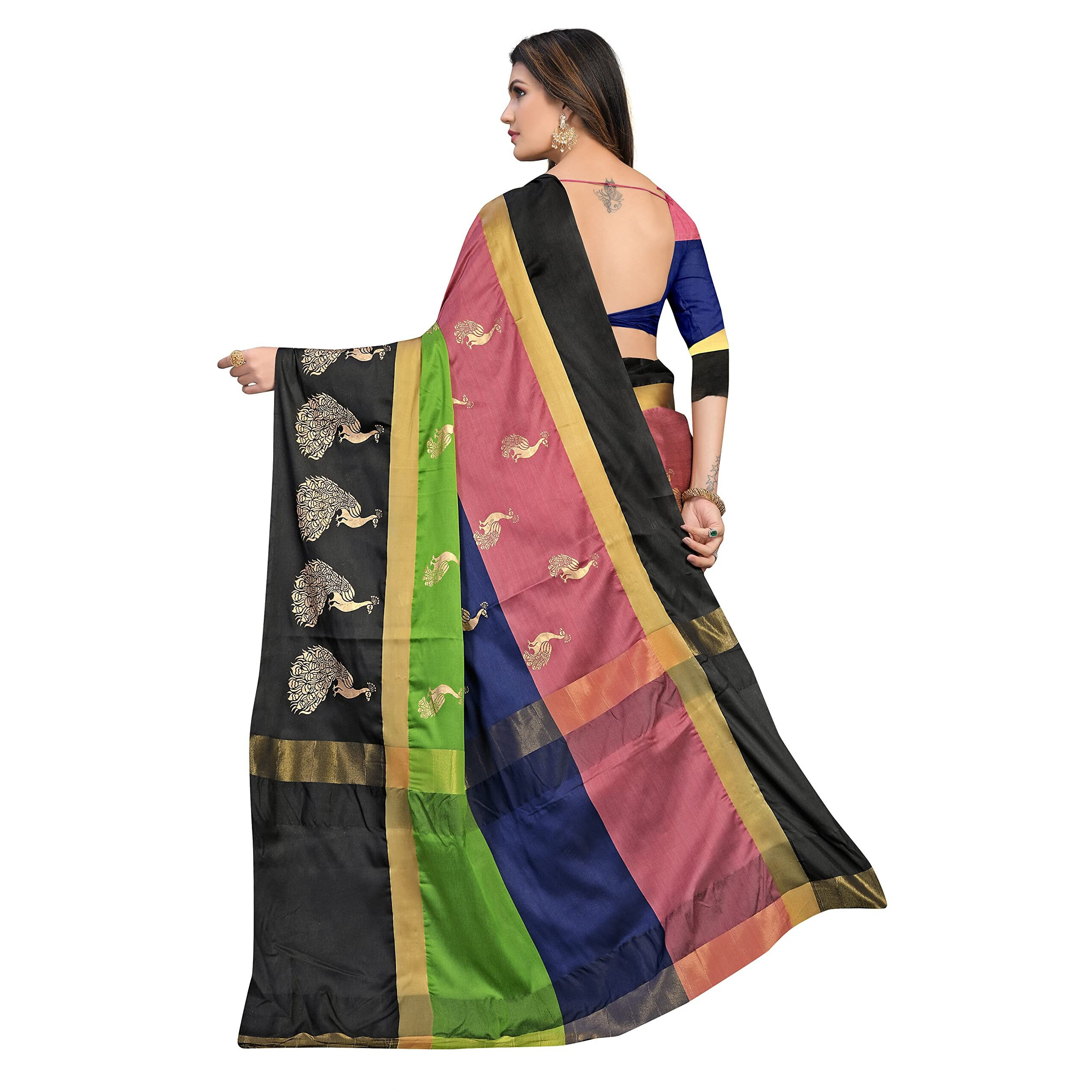 Leriya Fashion Women's Tussar Silk Foil Print Saree With Blouse Piece(Pink & Green,Free Size)
