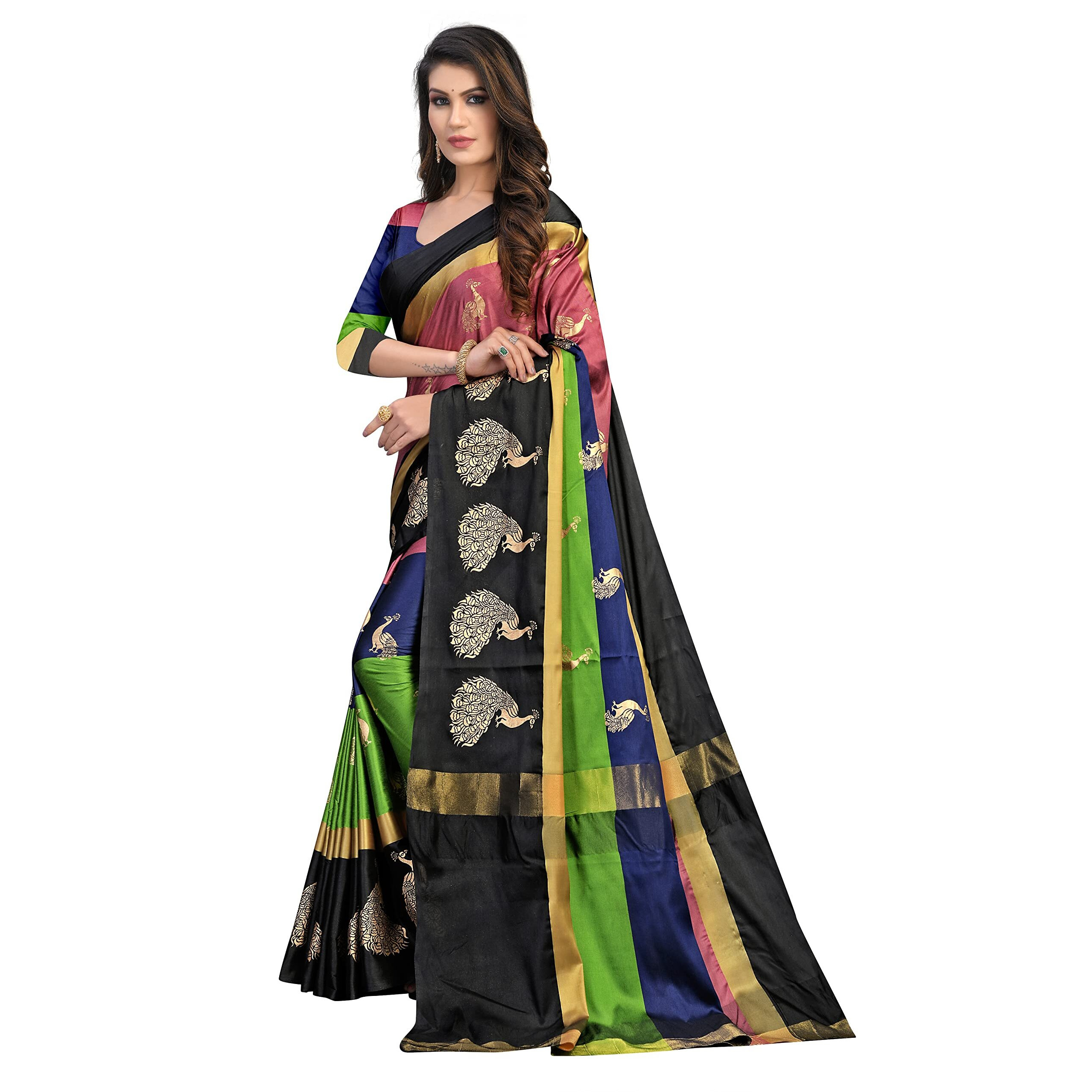 Leriya Fashion Women's Tussar Silk Foil Print Saree With Blouse Piece(Pink & Green,Free Size)