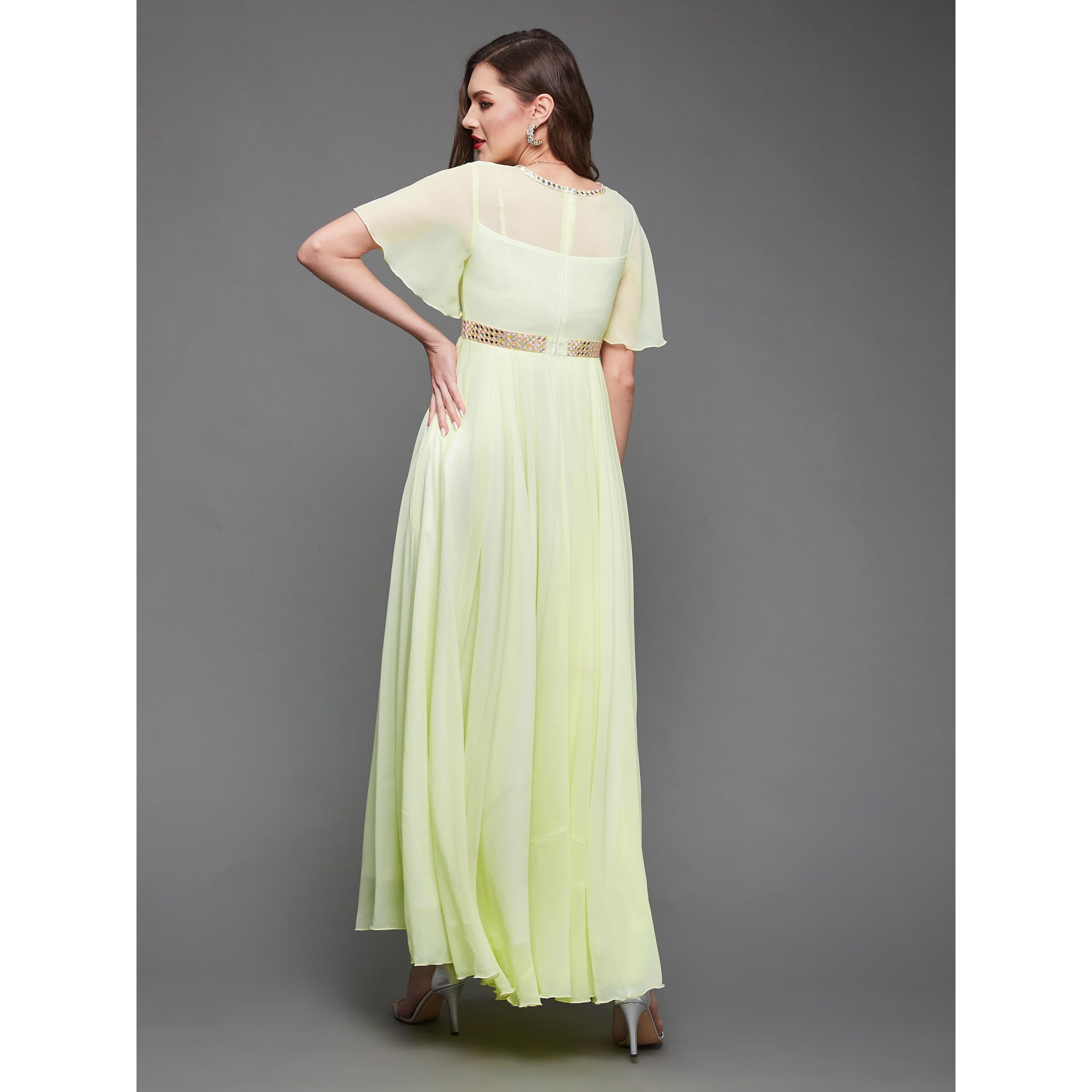 Miss Chase Women's V-Neck Flared/Bell Sleeves Solid Georgette Fit & Flare With Pockets Maxi Dress (Mcss23D06-61-299-03, Lemon Yellow, S)