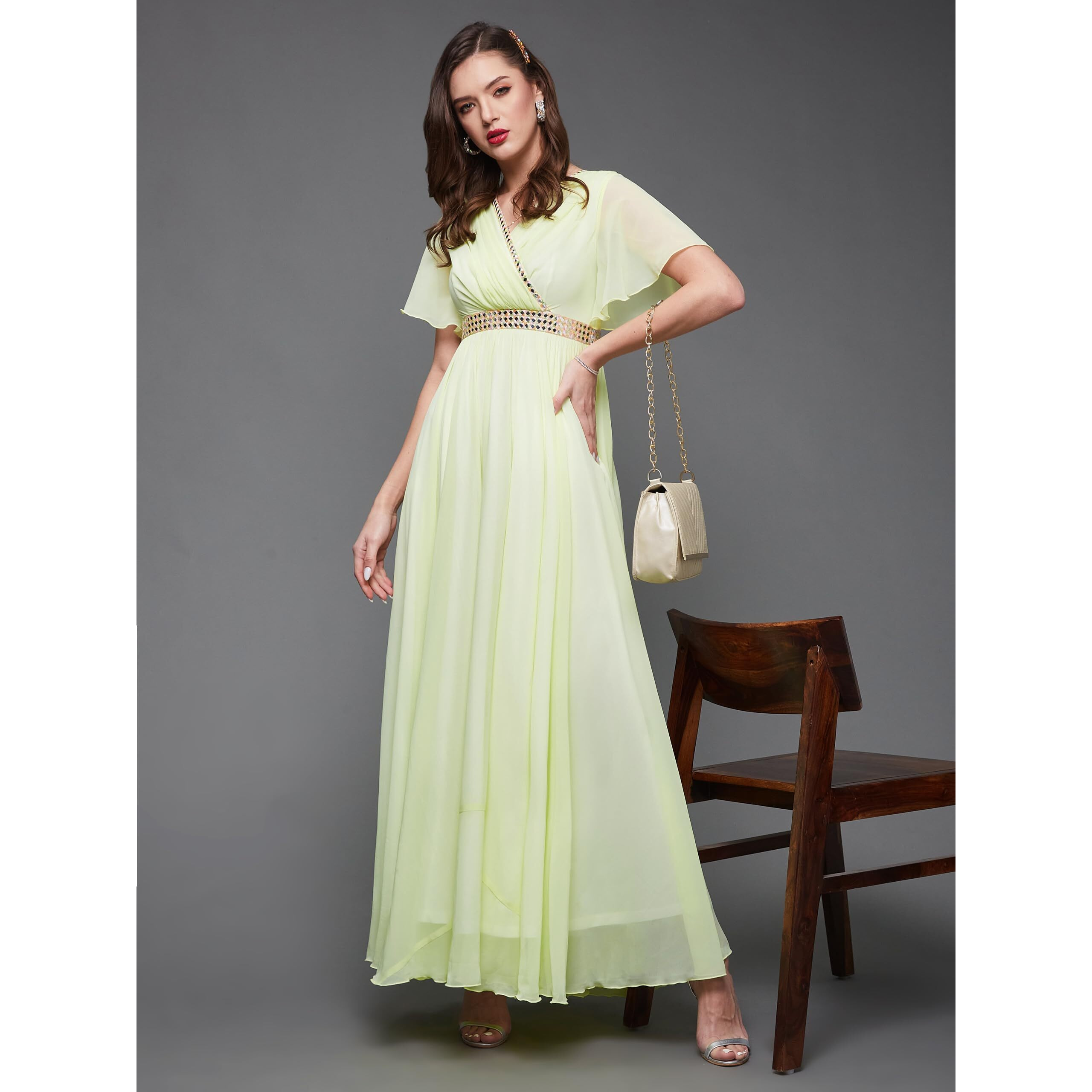 Miss Chase Women's V-Neck Flared/Bell Sleeves Solid Georgette Fit & Flare With Pockets Maxi Dress (Mcss23D06-61-299-03, Lemon Yellow, S)